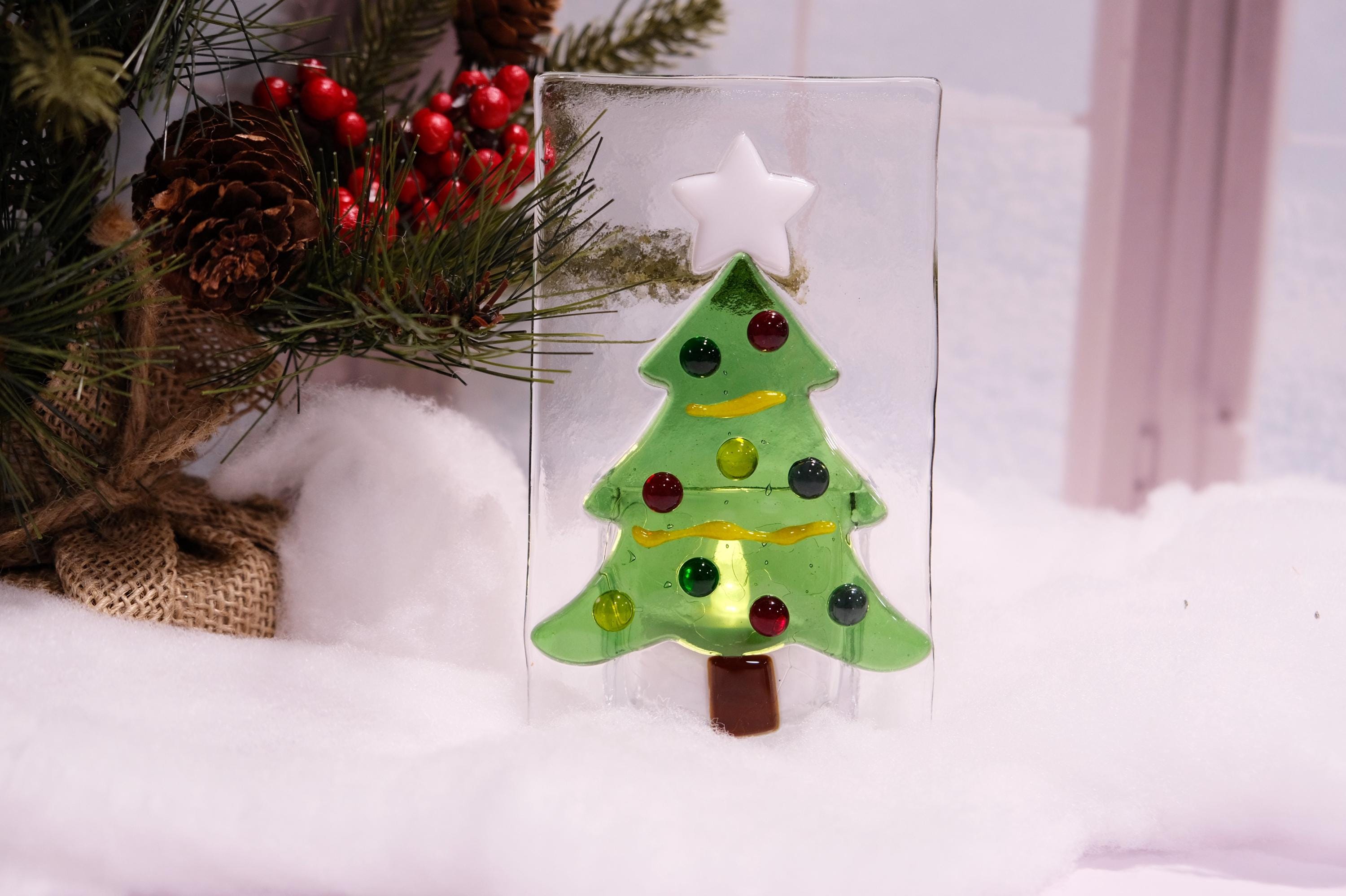 Christmas tree fused glass tea light candle holder