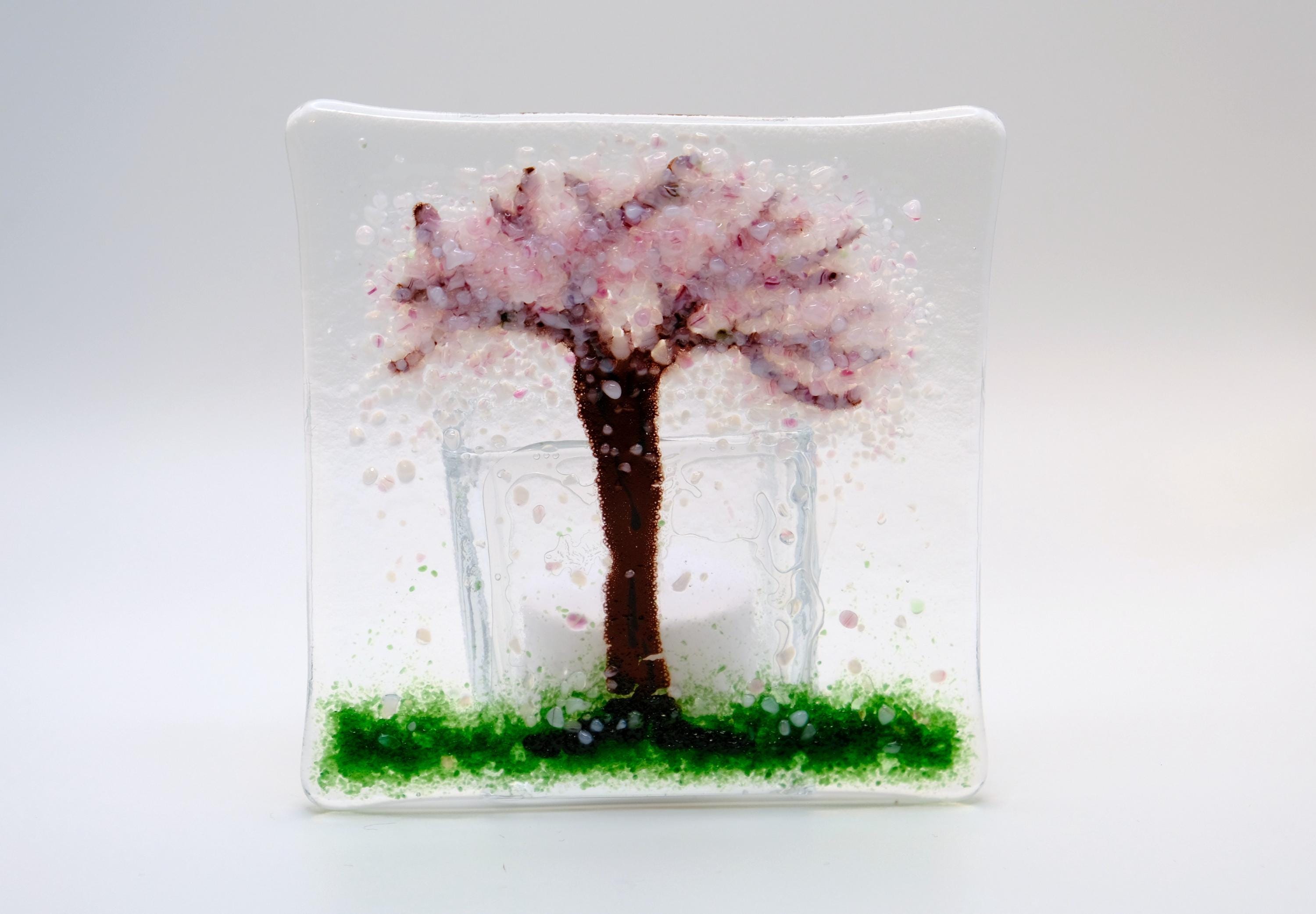 Handmade Cherry Blossom Tree fused glass tea light candle holder seeds glassworks