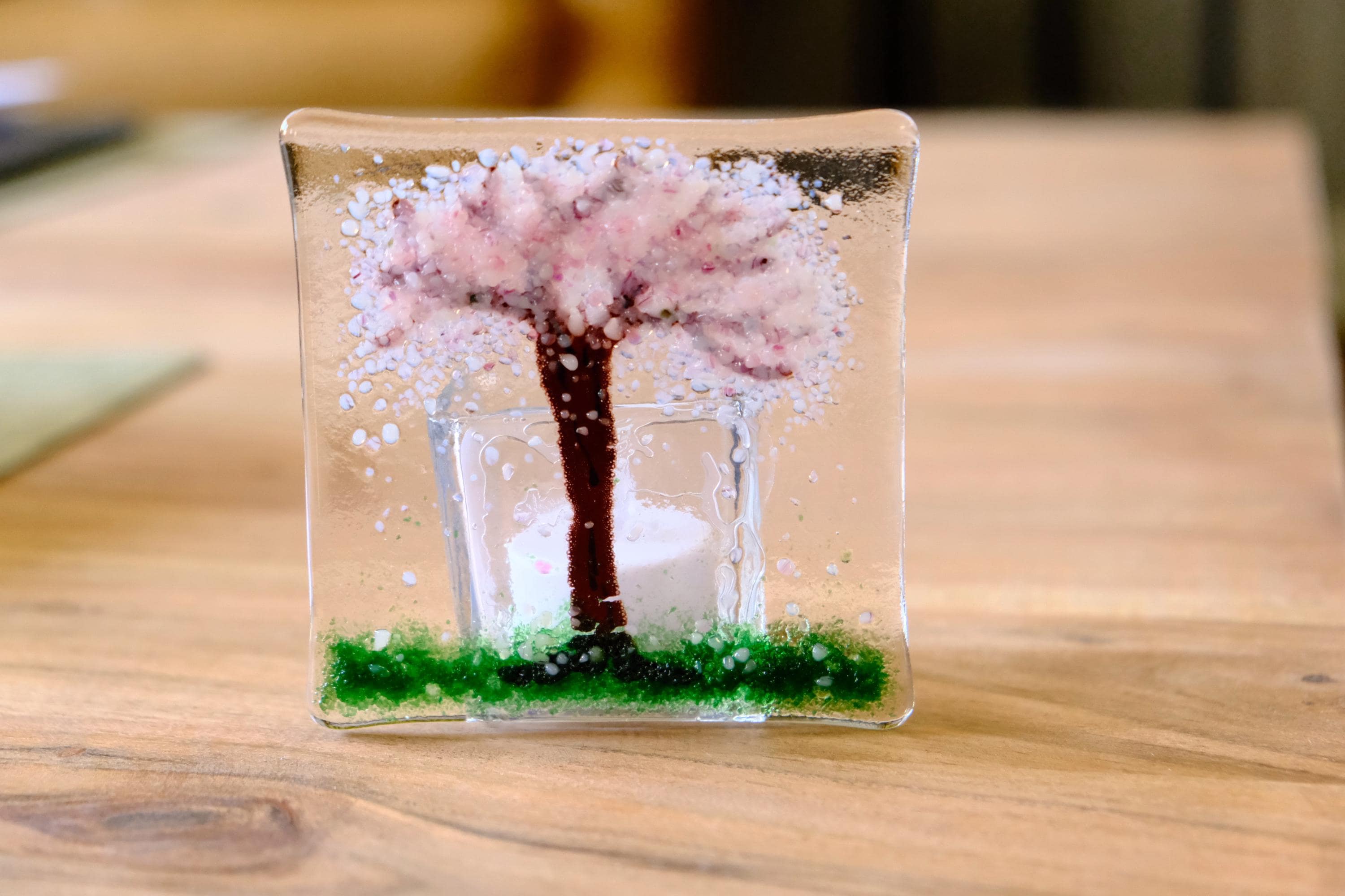 Handmade Cherry Blossom Tree fused glass tea light candle holder seeds glassworks