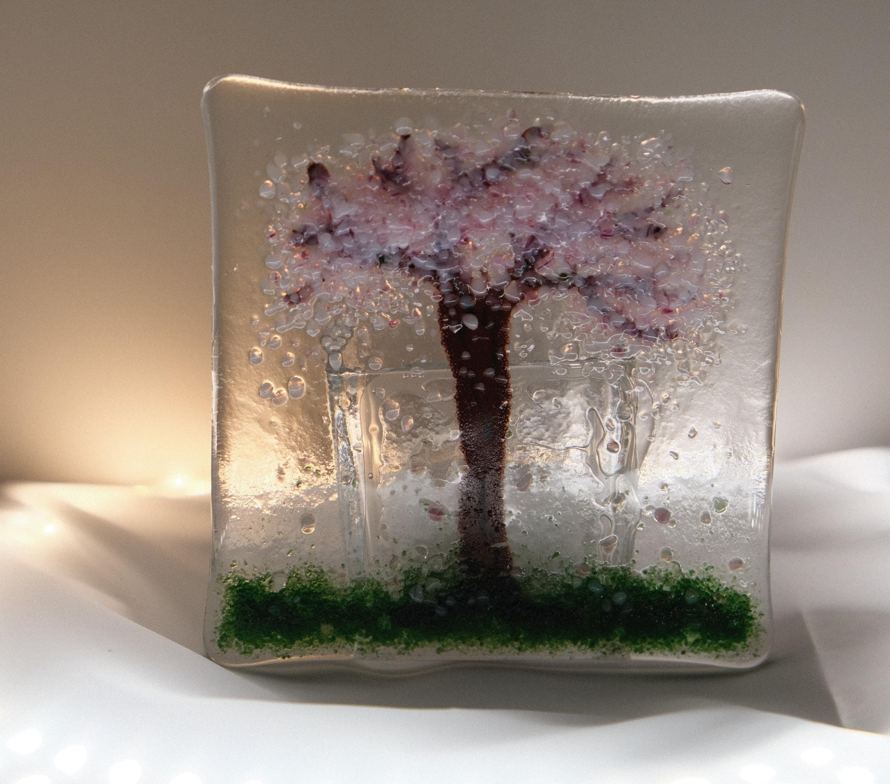 Handmade Cherry Blossom Tree fused glass tea light candle holder seeds glassworks