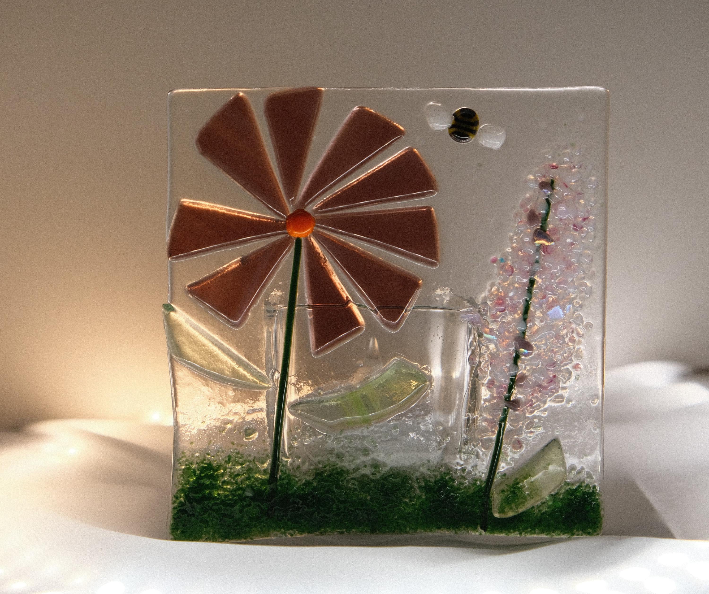 Handmade Purple Flowers fused glass tea light candle holder seeds glassworks 