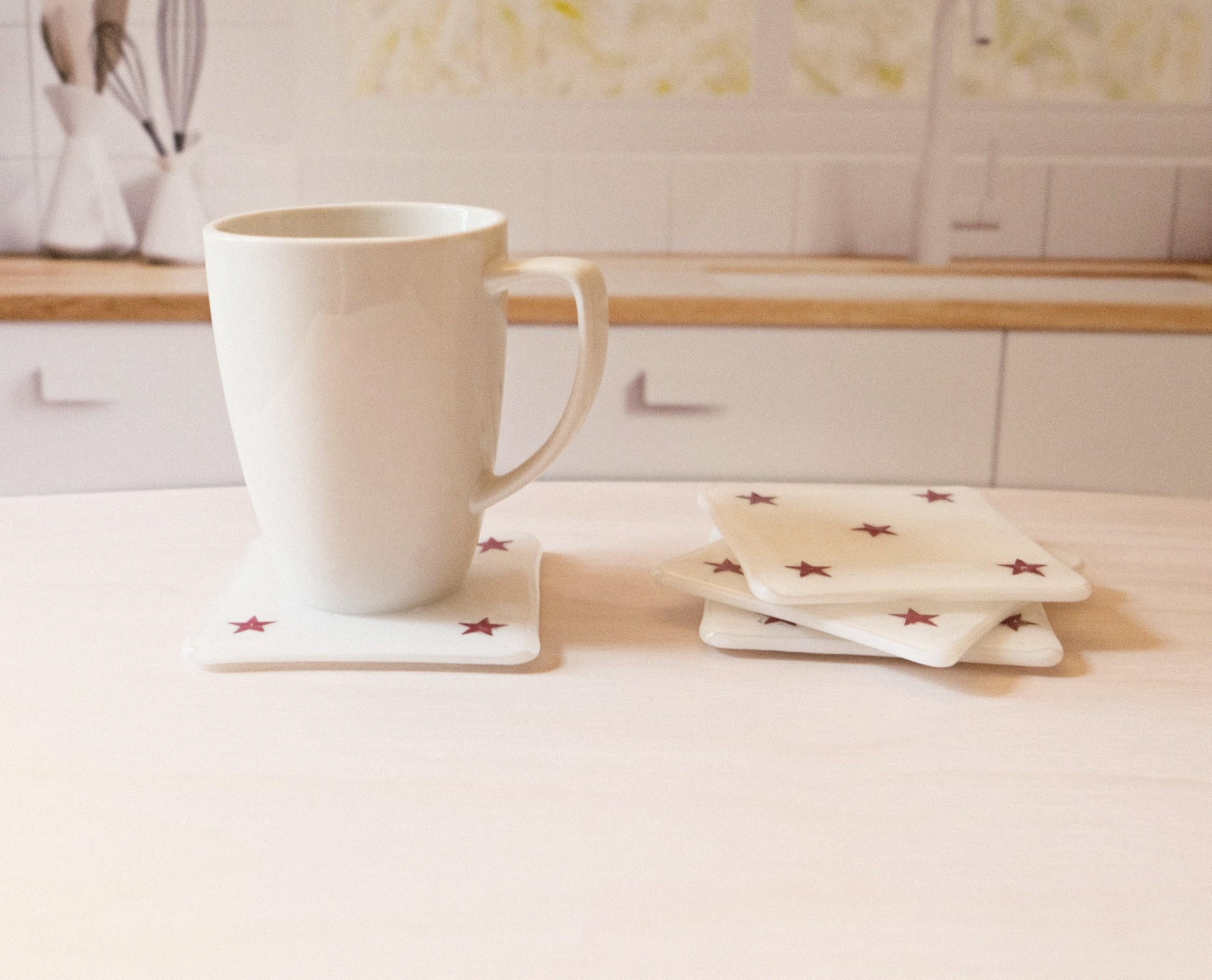 Set of 4 White Fused Glass Coasters with Copper Stars - Patriotic Vibe