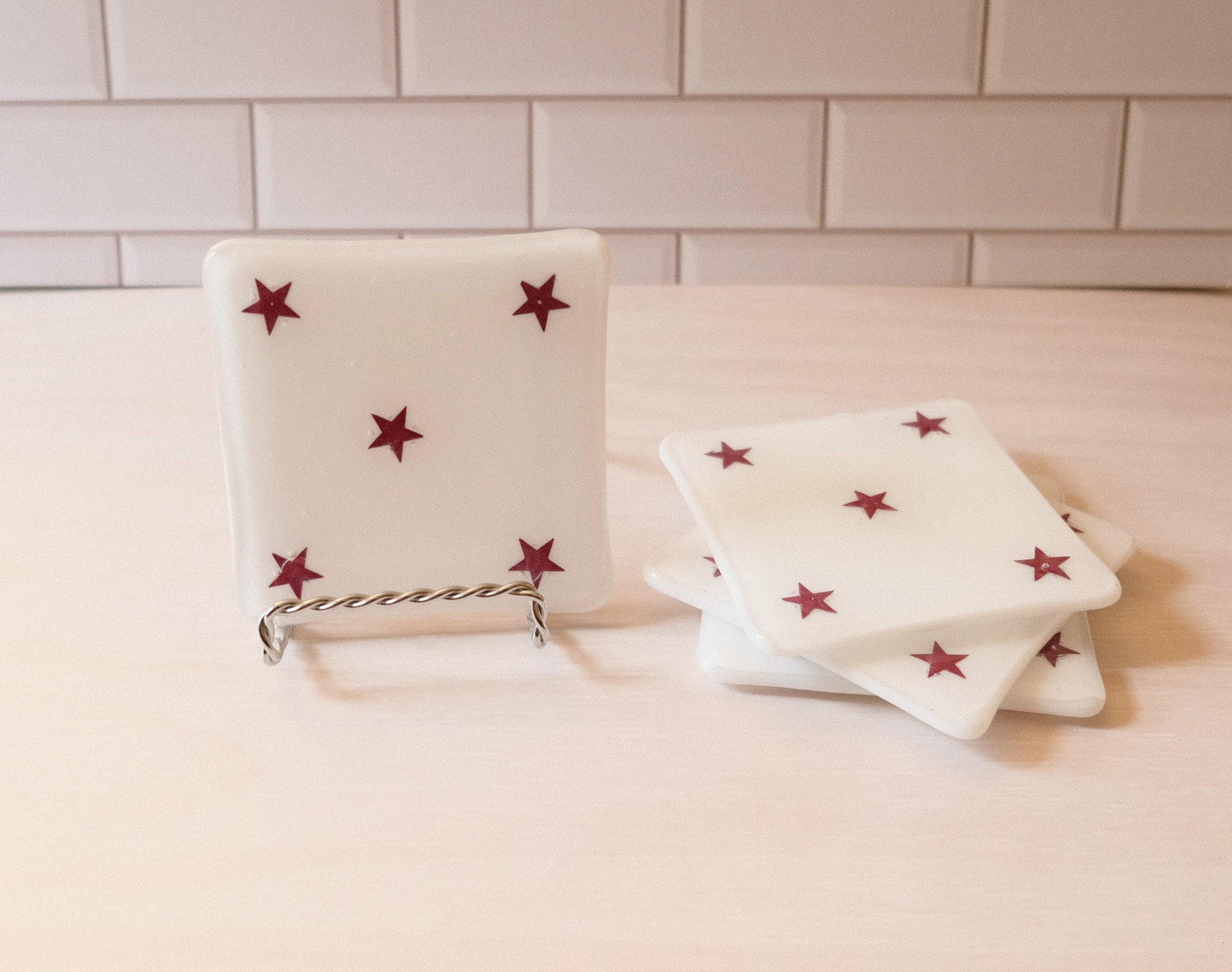 Set of 4 White Fused Glass Coasters with Copper Stars - Patriotic Vibe