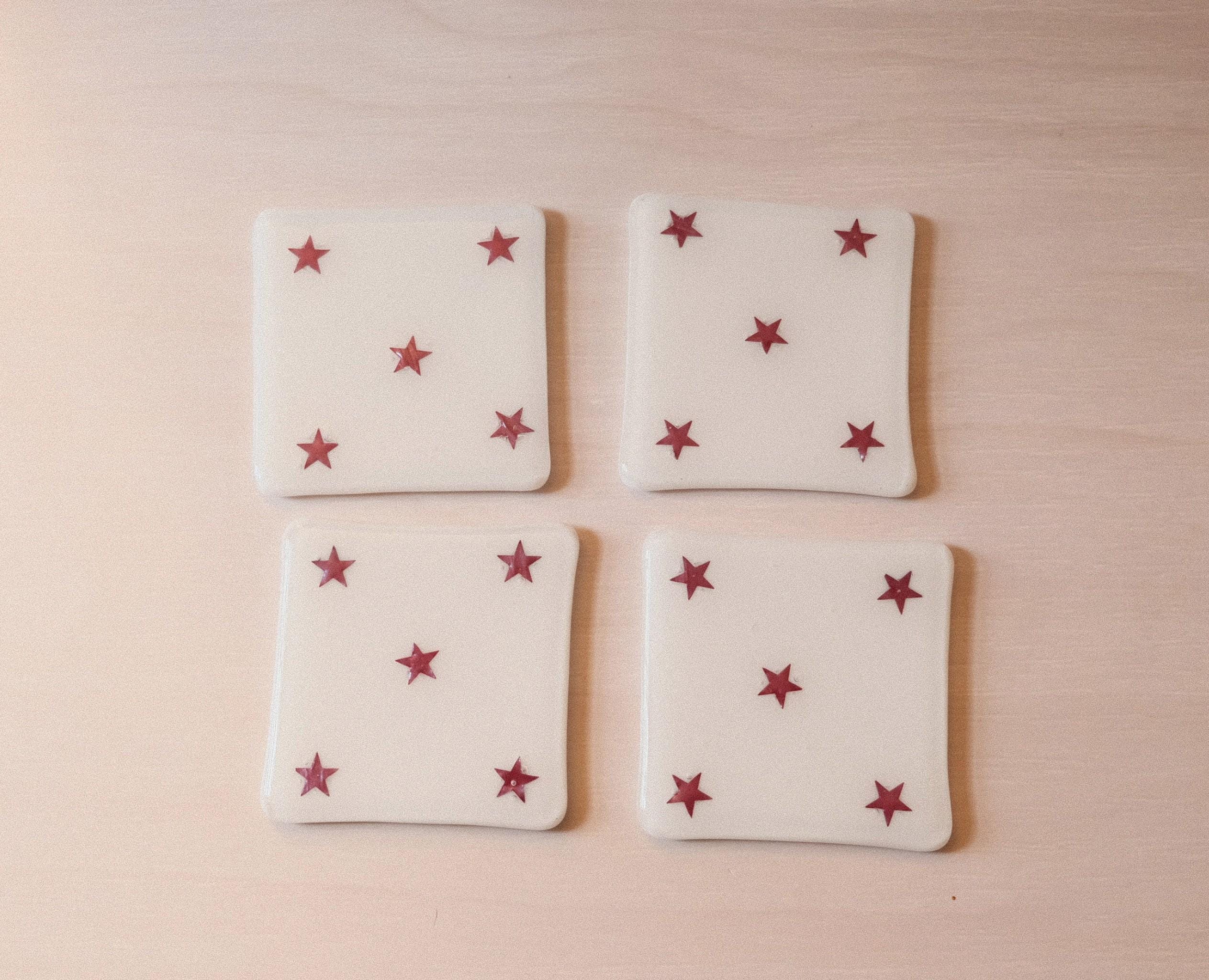 Set of 4 White Fused Glass Coasters with Copper Stars - Patriotic Vibe