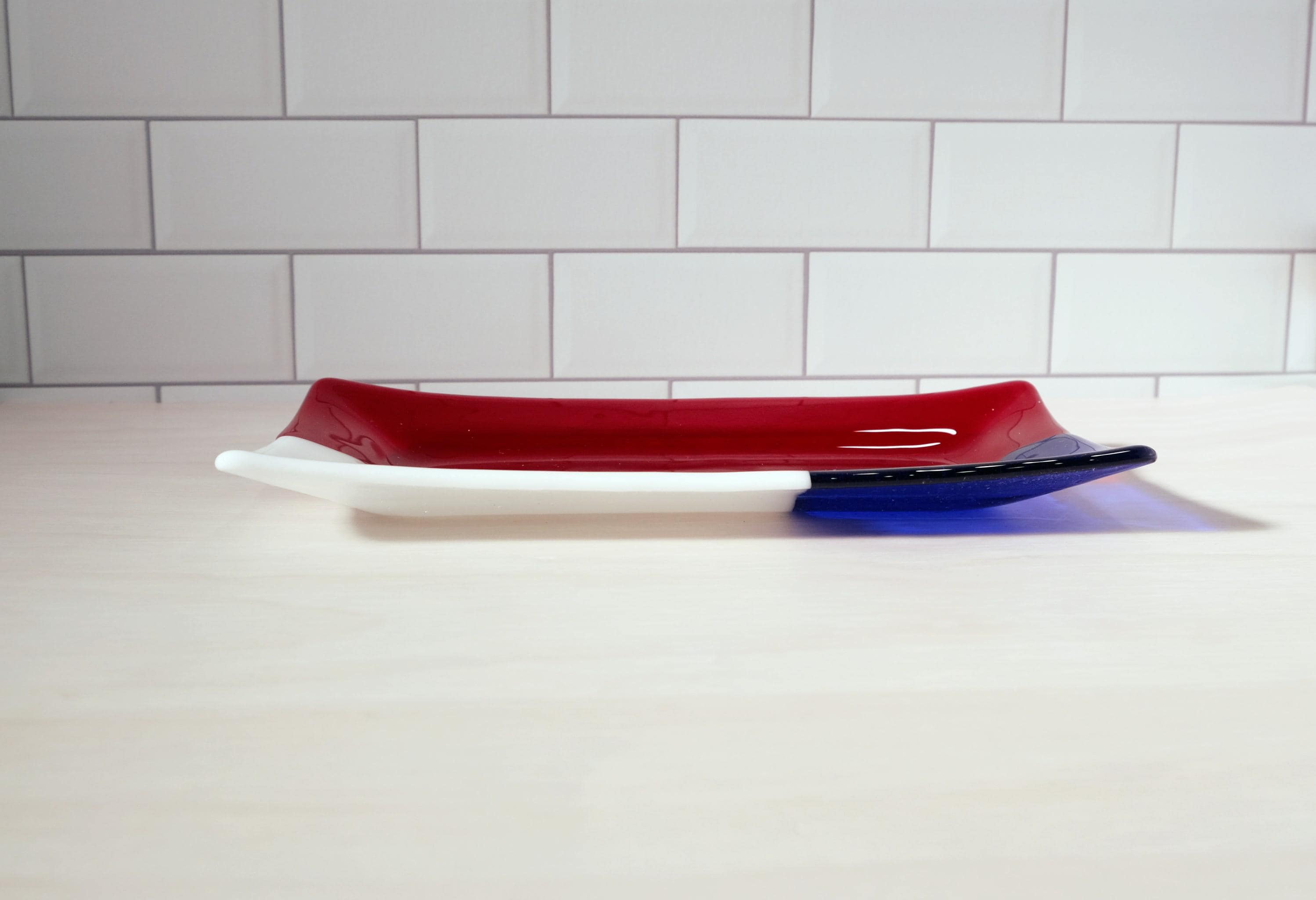 Red white blue geometric fused glass plate, 10 X 5 patriotic vibes