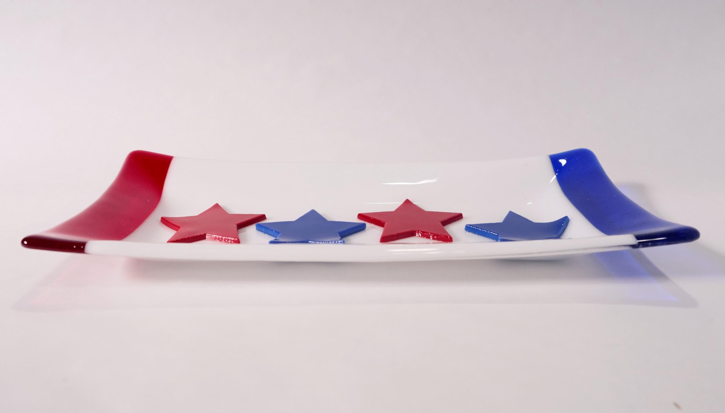 Red white blue stripes and stars fused glass plate, 10 X 5 patriotic vibes
