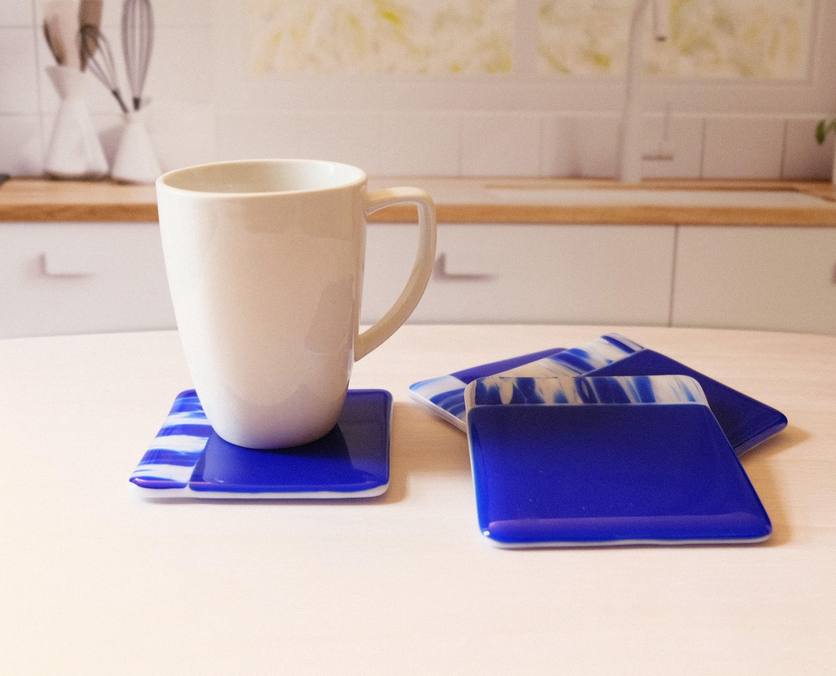 Blue and White Swirl Boarder fused glass coasters (set of 4)