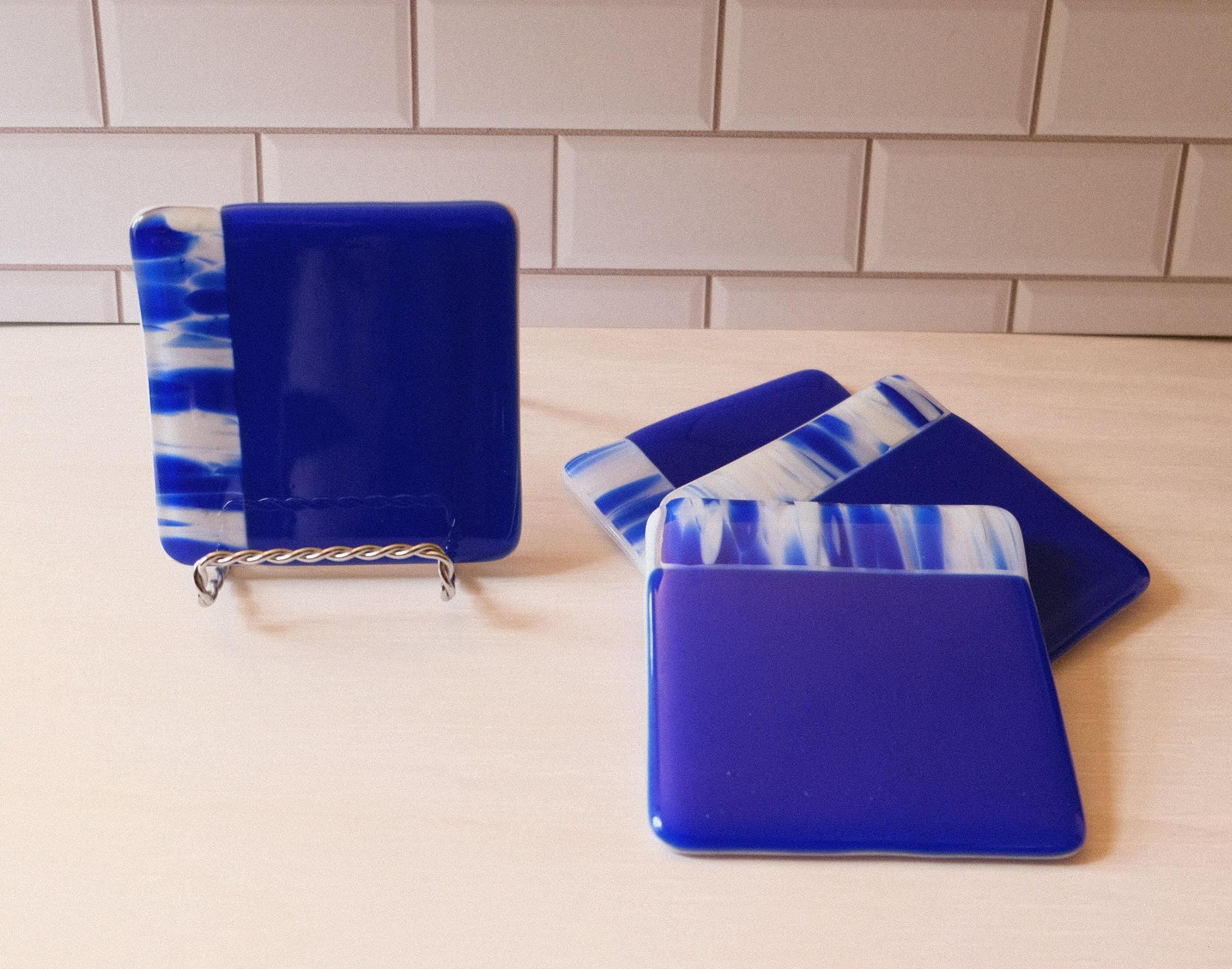 Blue and White Swirl Boarder fused glass coasters (set of 4)