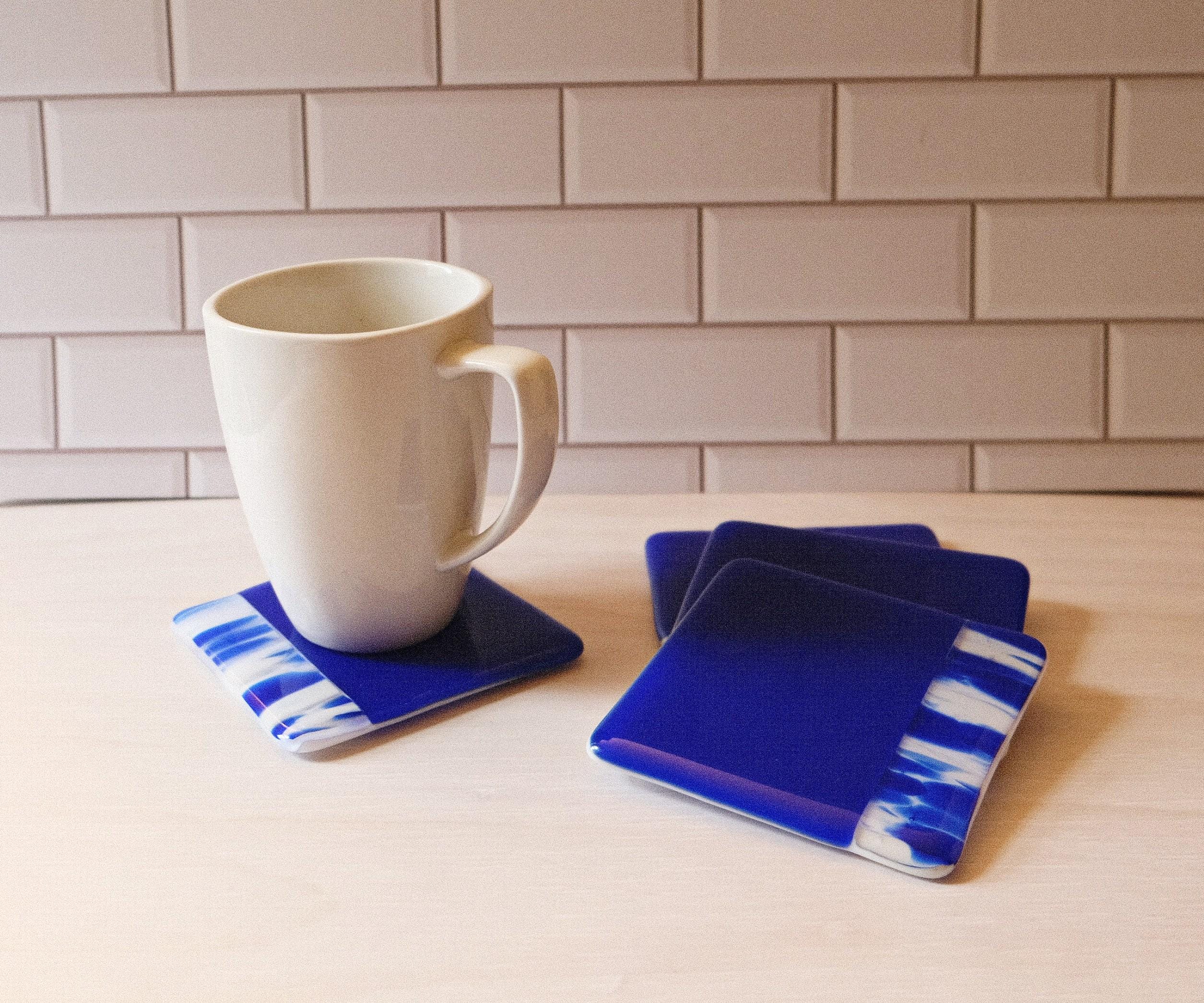 Blue and White Swirl Boarder fused glass coasters (set of 4)