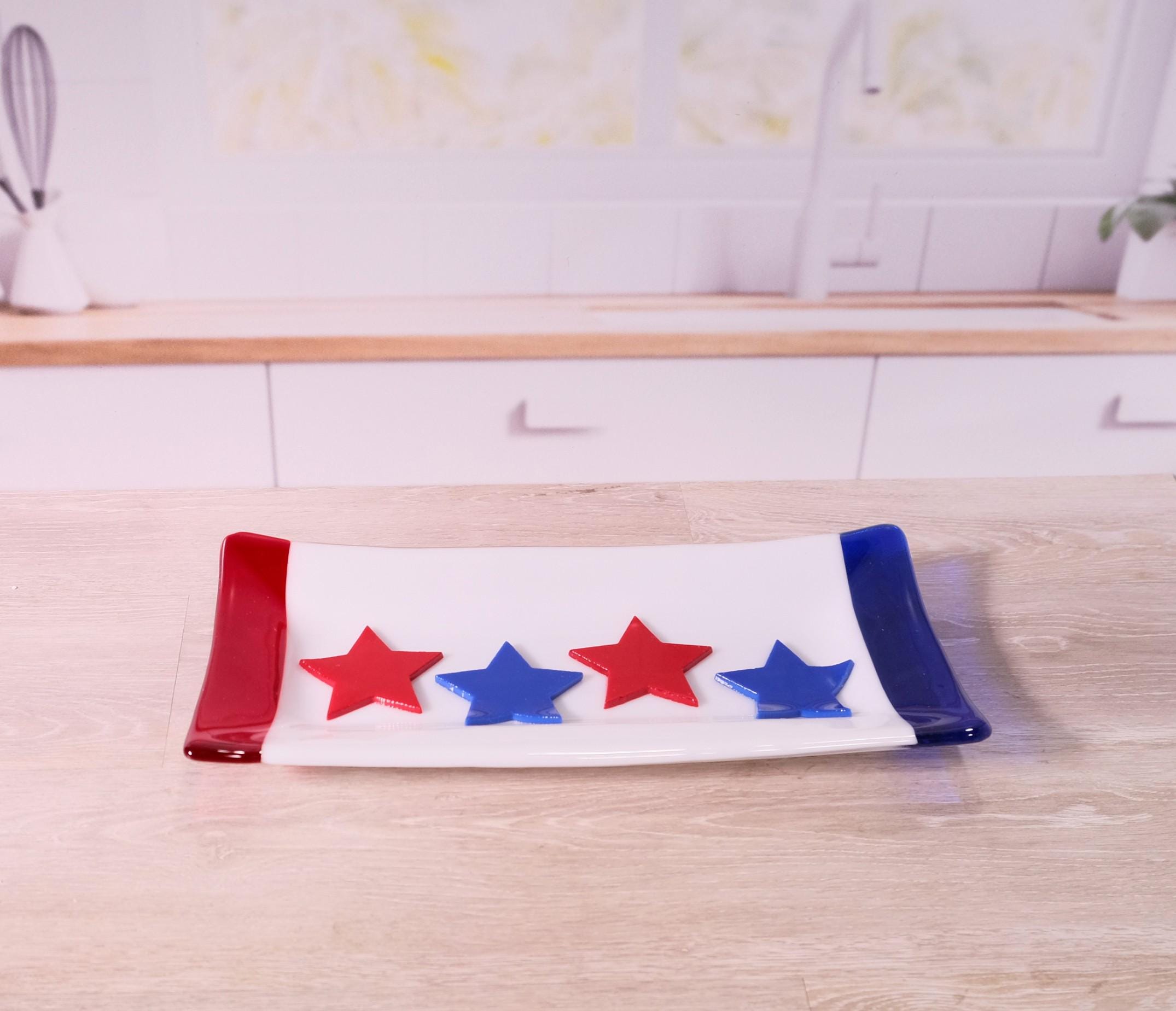 Red white blue stripes and stars fused glass plate, 10 X 5 patriotic vibes