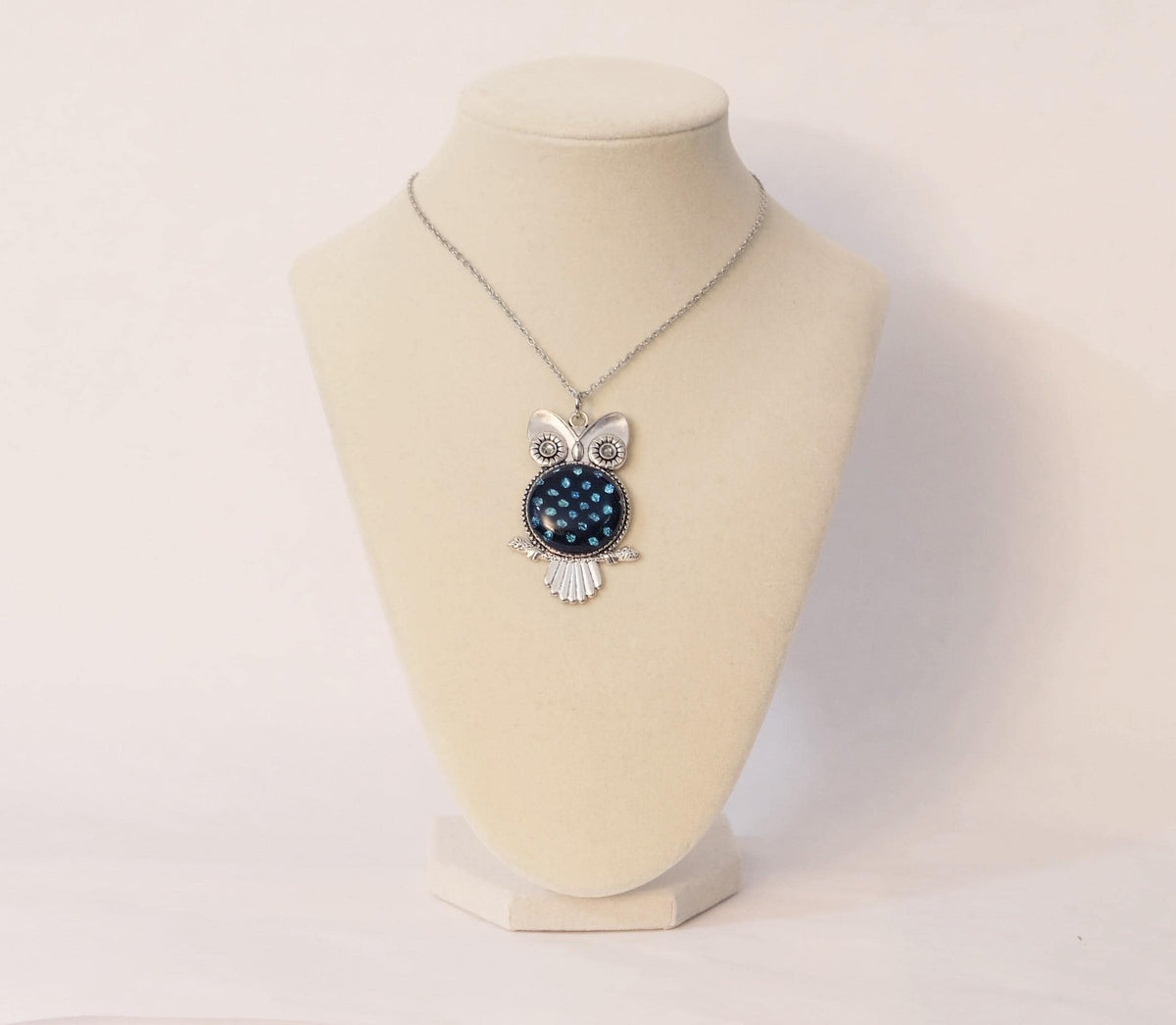 Owl pendant necklace, silver tone  with silver dots on black dichroic fused glass center stone on an 20 inch steel chain