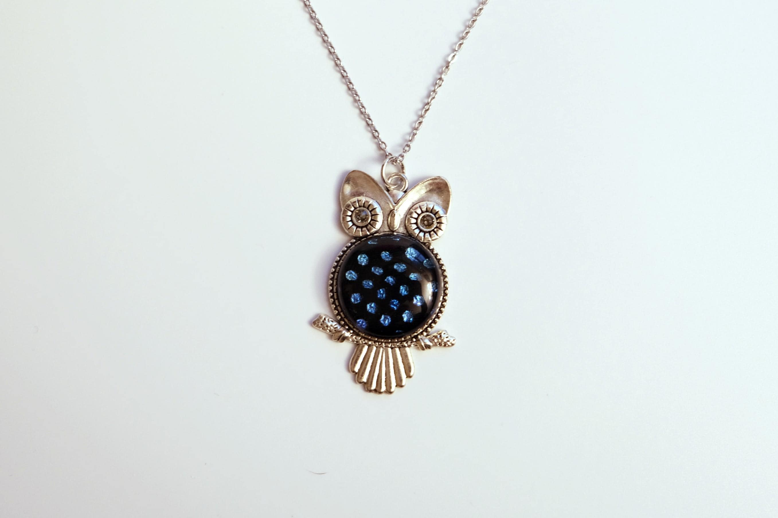 Owl pendant necklace, silver tone  with silver dots on black dichroic fused glass center stone on an 20 inch steel chain