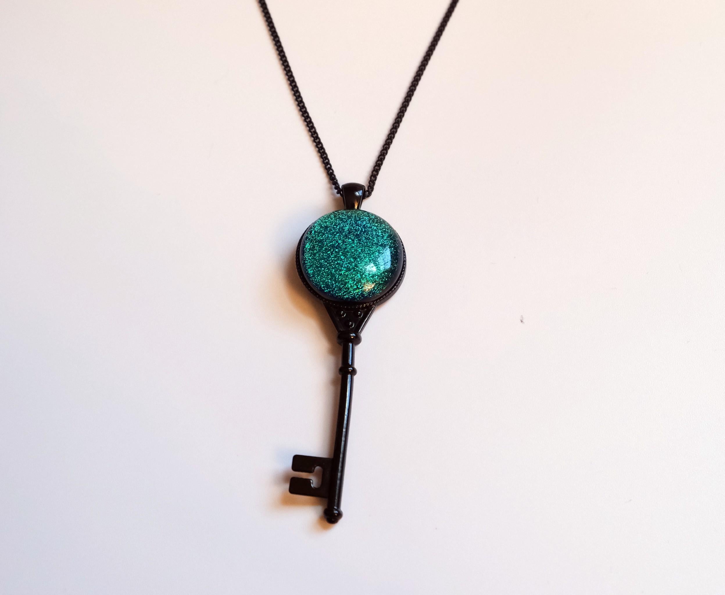Black Metal Skeleton Key pendant necklace with Green Blue Dichroic Fused Glass cabochon on 24-inch black chain jewelry. steampunk Victorian