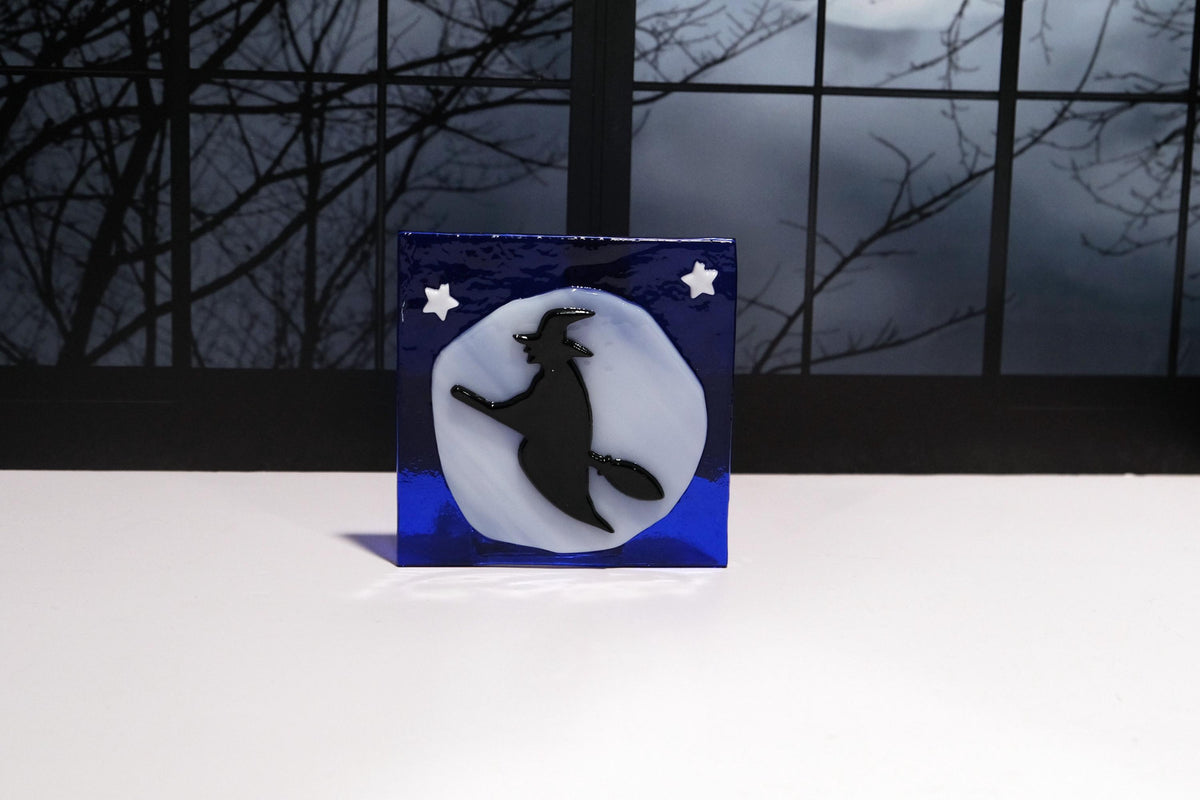 Handmade Halloween Flying Witch on Full Moon Fused Glass Candle Holder - 4x4 Inches