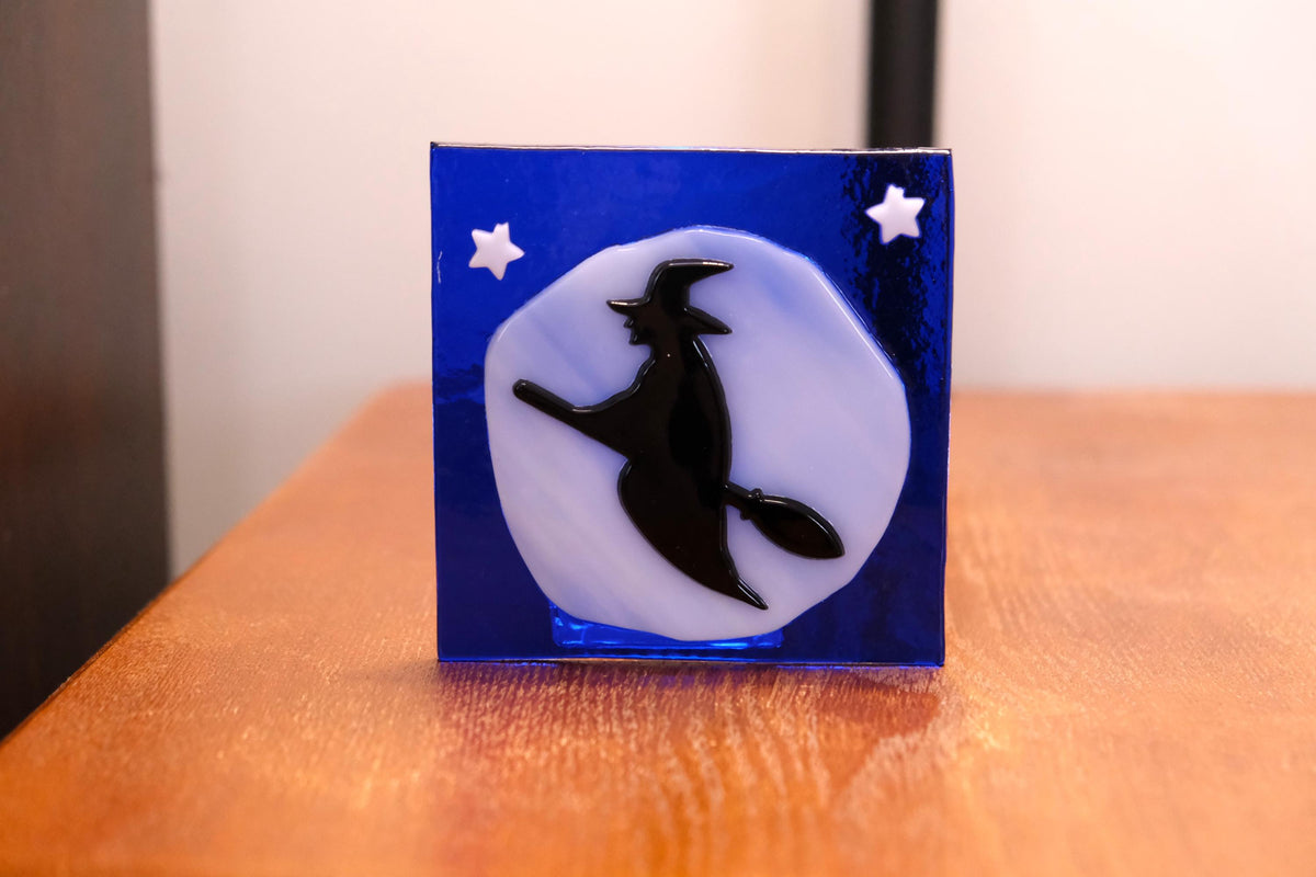 Handmade Halloween Flying Witch on Full Moon Fused Glass Candle Holder - 4x4 Inches