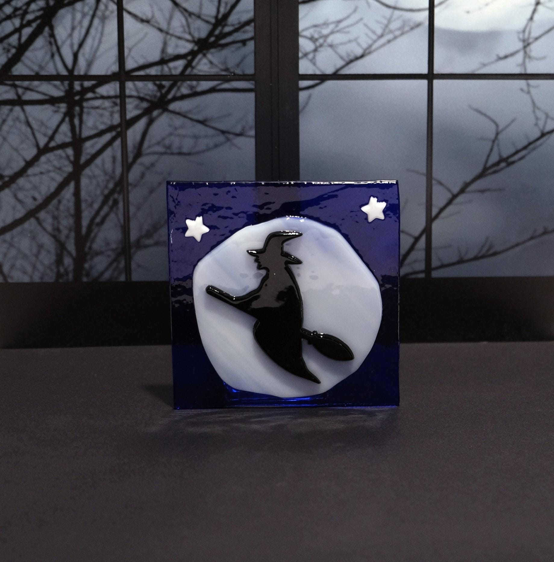 Handmade Halloween Flying Witch on Full Moon Fused Glass Candle Holder - 4x4 Inches