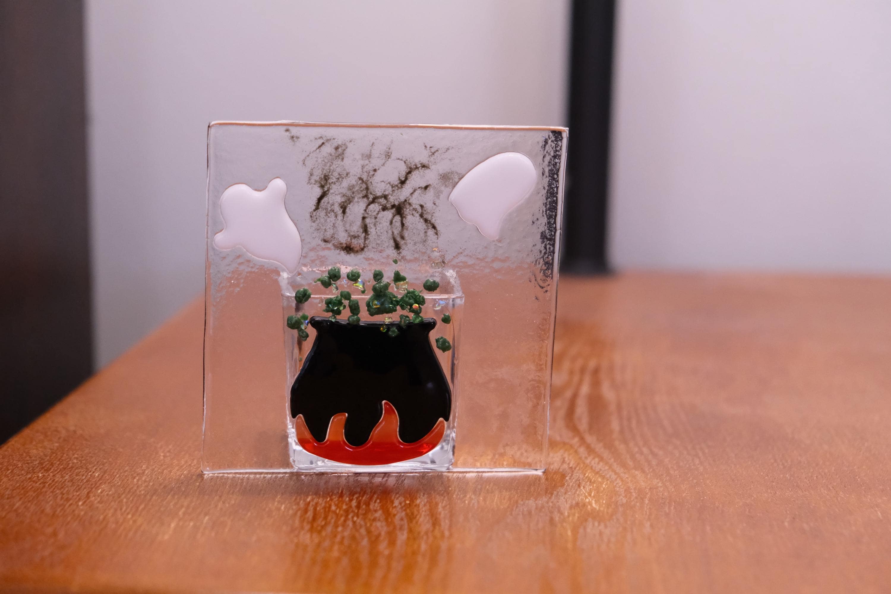 Handmade Halloween Caldron with Ghosts - 4x4 Fused Glass votive Candle Holder