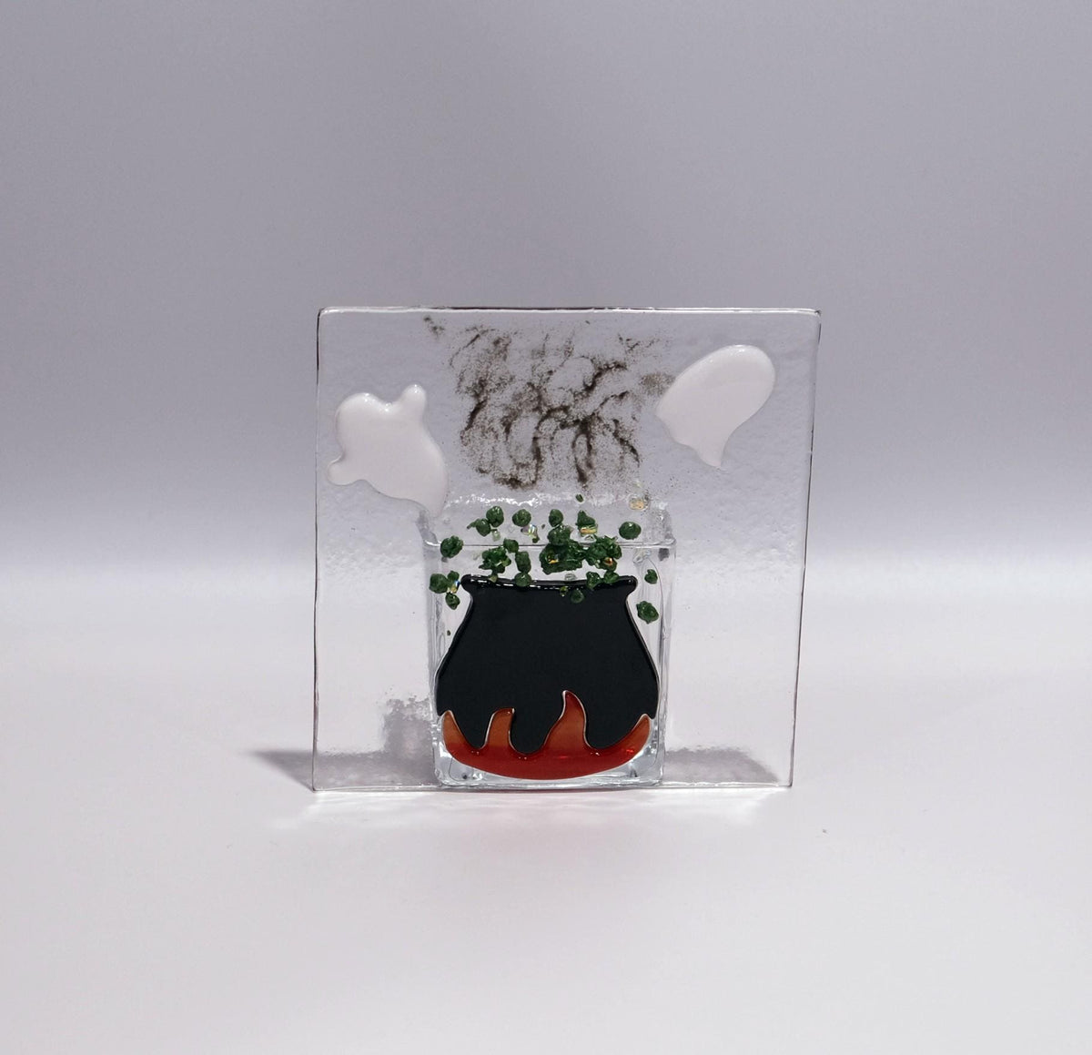 Handmade Halloween Caldron with Ghosts - 4x4 Fused Glass votive Candle Holder