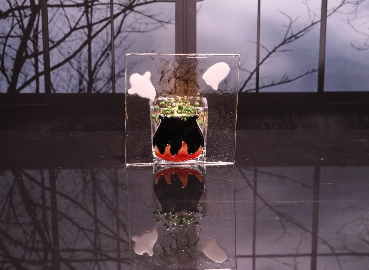 Handmade Halloween Caldron with Ghosts - 4x4 Fused Glass votive Candle Holder
