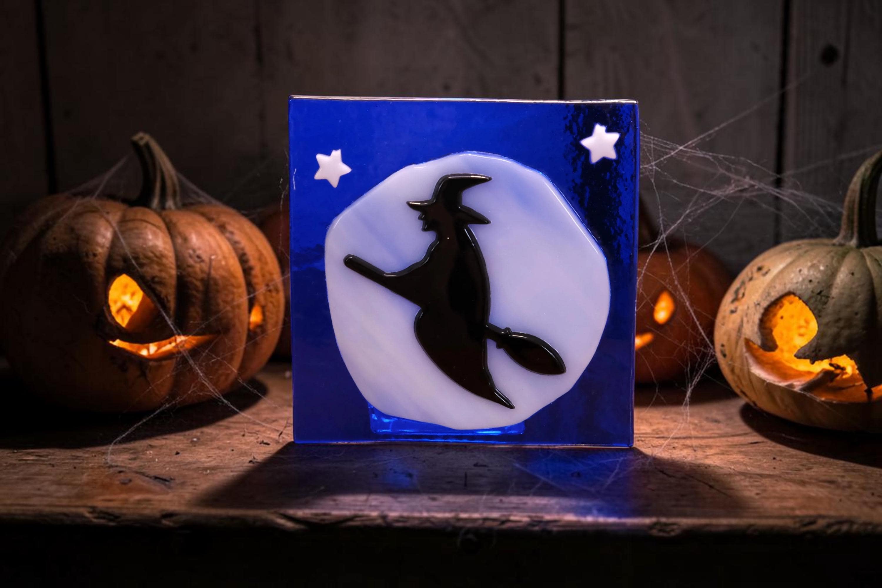 Handmade Halloween Flying Witch on Full Moon Fused Glass Candle Holder - 4x4 Inches