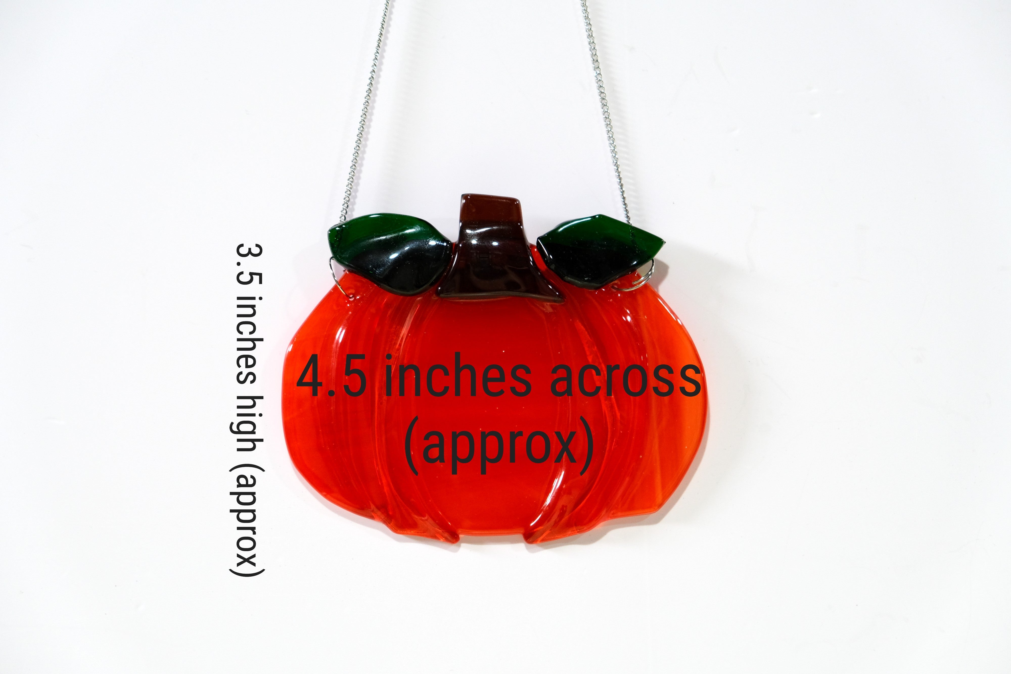Orange Pumpkin suncatcher, fused glass on a 7 inch steel hanging chain seedsglassworks, Seeds Glassworks
