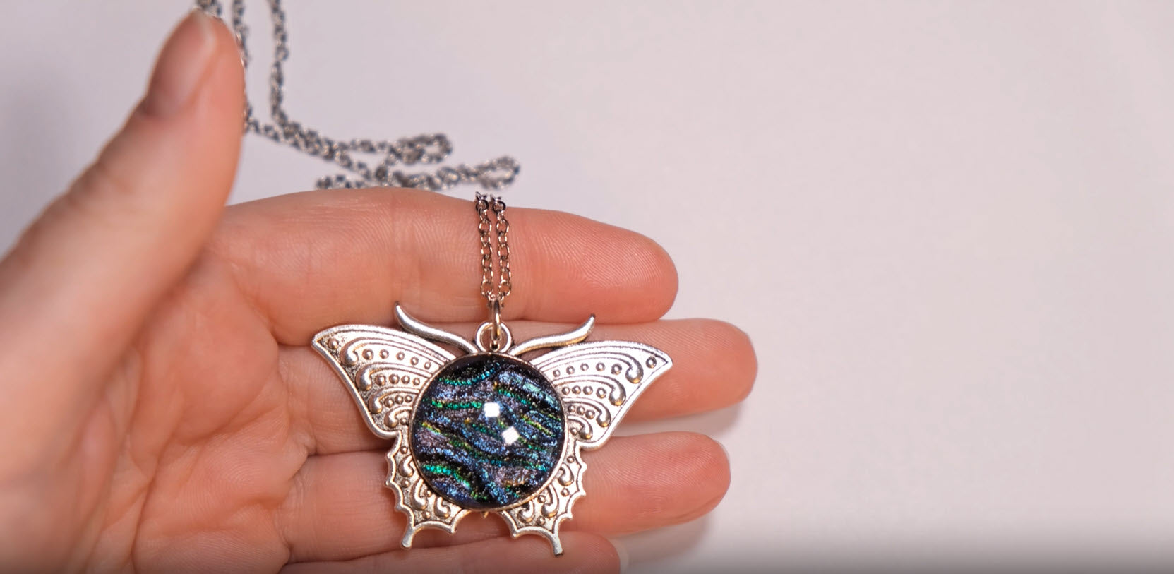 Elegant Butterfly Necklace Silver Tone Pendant with Blue/Multicolor Fused Glass Center-Handcrafted Statement Piece on 20in silver tone chain seeds glassworks seedsglassworks