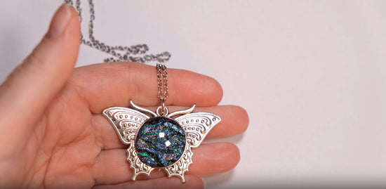 Elegant Butterfly Necklace Silver Tone Pendant with Blue/Multicolor Fused Glass Center-Handcrafted Statement Piece on 20in silver tone chain seeds glassworks seedsglassworks