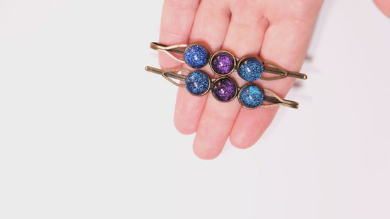 Bronze colored Bobby pin pair with 3 colored fused glass cabochons (shades of Purple & Blue), 3 inches seeds glassworks seedsglassworks