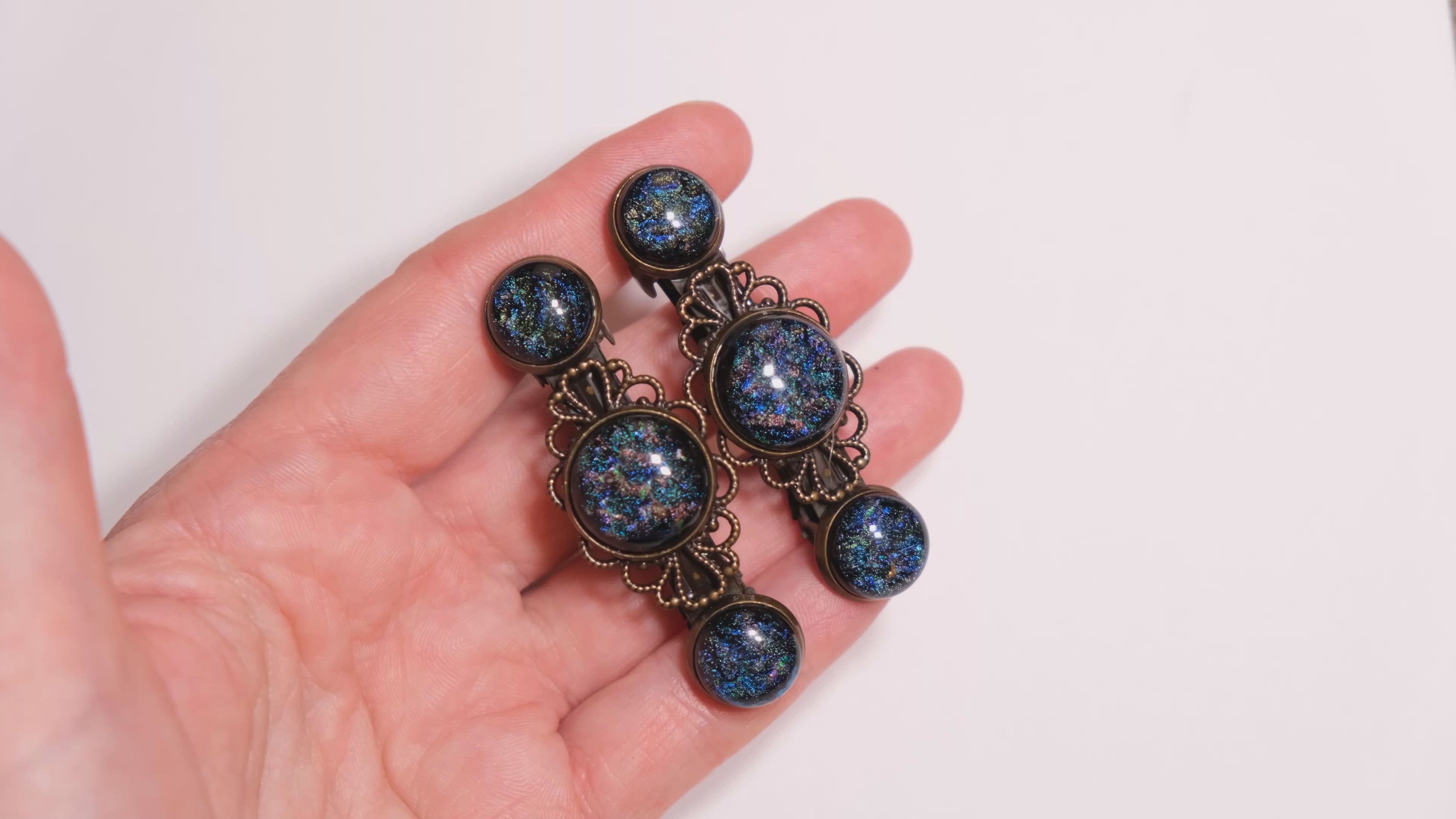 Barrette pair, bronze colored with 5 earth toned fused glass cabochons, french clip, 2 3/4 inches seeds glassworks seedsglassworks
