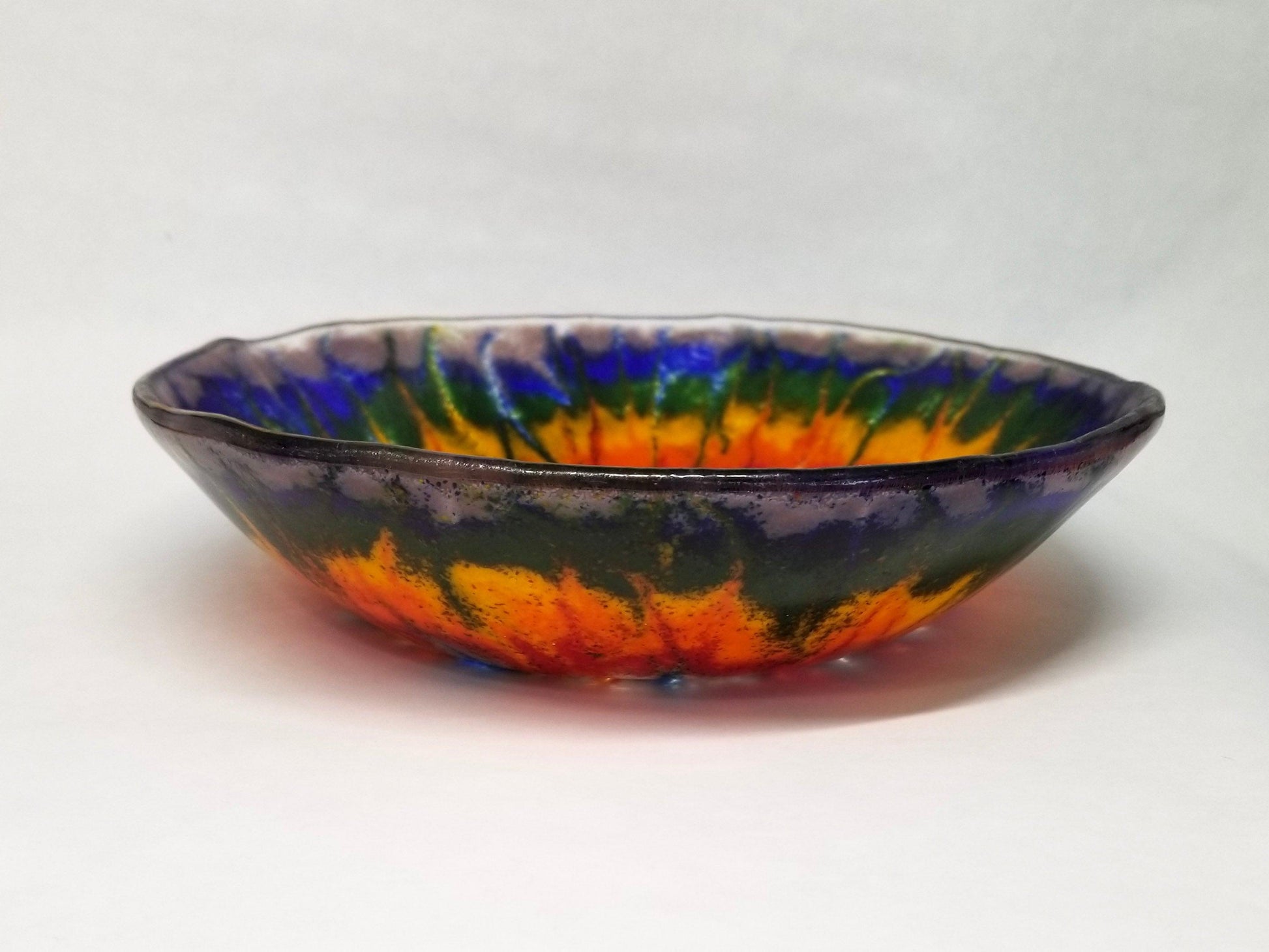 beautiful 8 inch tie dye look fused glass bowl. from Seeds Glassworks