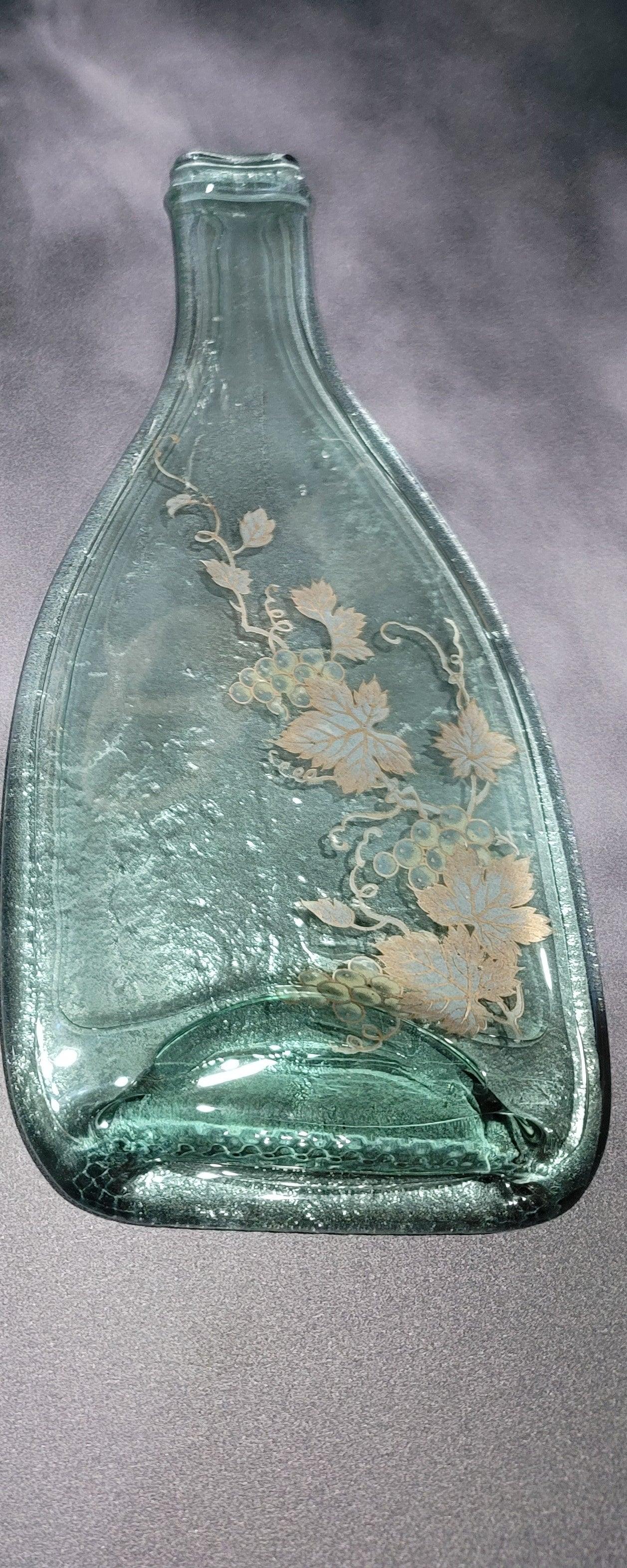 Clear Flattened Wine Bottle cheese plate with metalic floral pattern, serving tray housewarming gift, home decor, recylced,