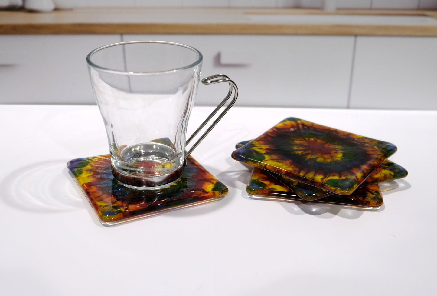 Tie Dye Fused Glass Coasters, rainbow colors, set of 4