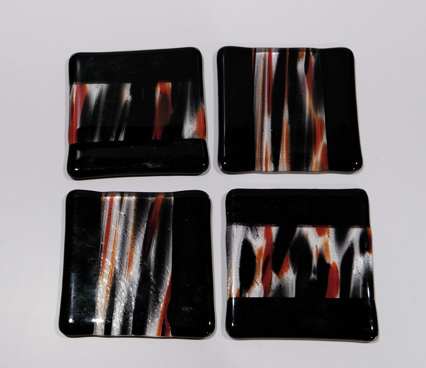 Black Red and Clear fused glass drink coaster, set of 4