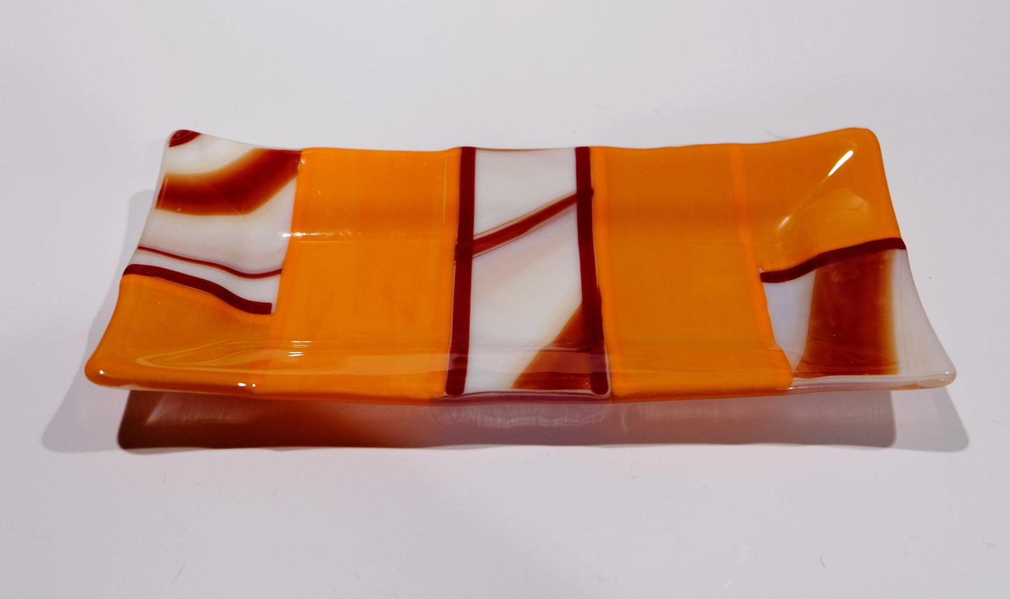 Fused glass serving plate dish tray, 10 x 5 inch, Red, orange, white, geometric pattern , home decor decoration
