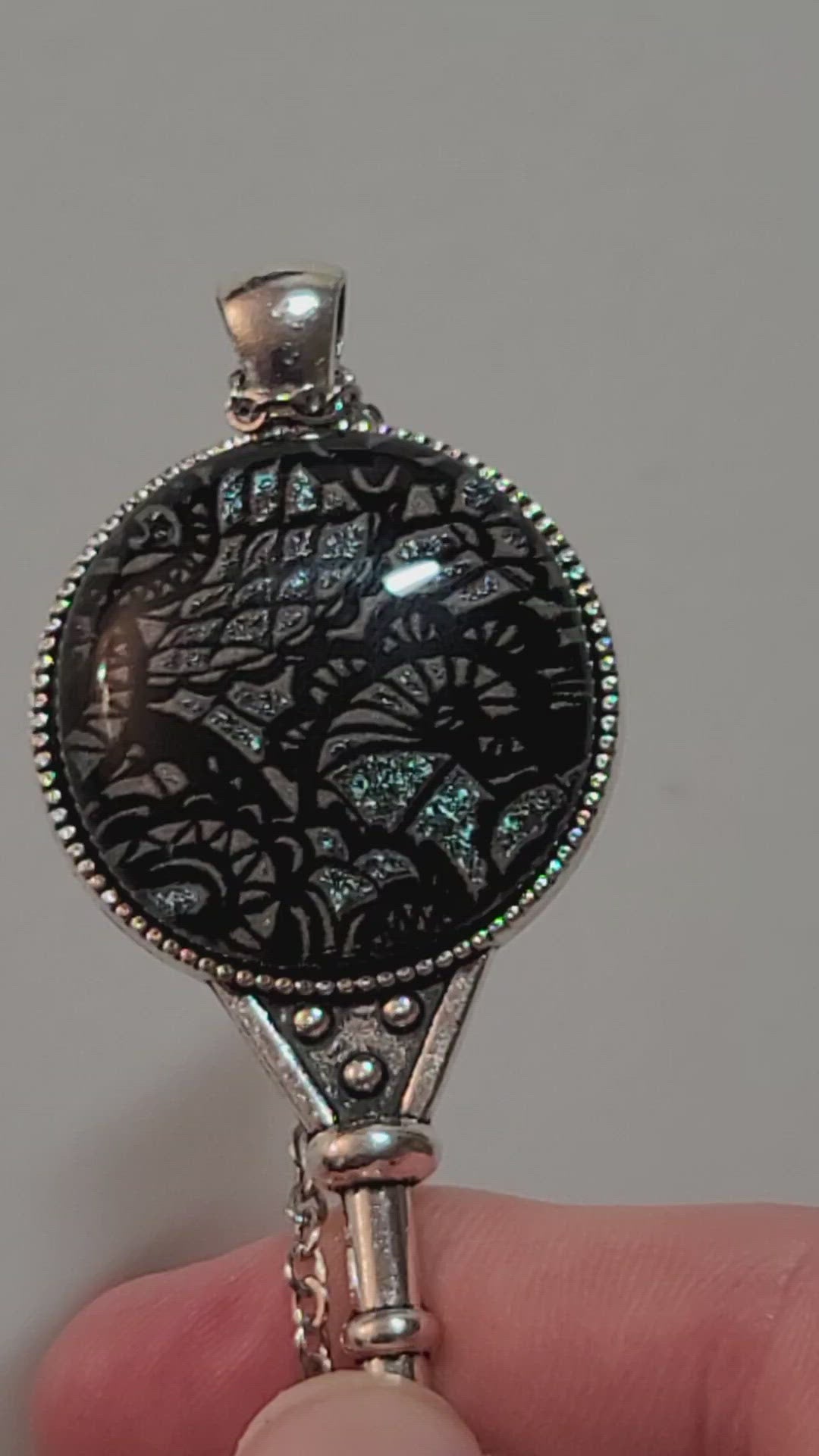 Silver tone Skeleton Key pendant necklace with Fused Glass dark Silver Lace cabochon on 24 inch steel chain jewelry seedsglassworks seeds glassworks