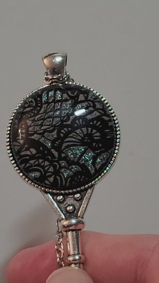 Silver tone Skeleton Key pendant necklace with Fused Glass dark Silver Lace cabochon on 24 inch steel chain jewelry seedsglassworks seeds glassworks