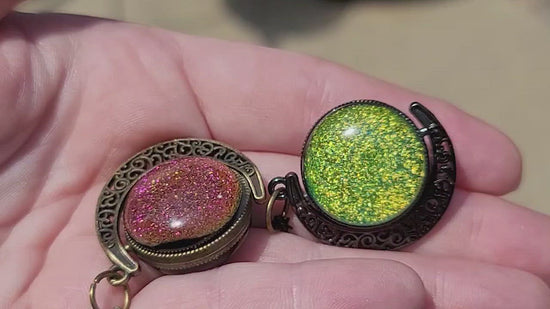 Double Sided Crescent Moon Celestial Pendant Necklace Purple and Green Dichroic Fused Glass Spinner on 20 inch chain seeds glassworks seedsglassworks