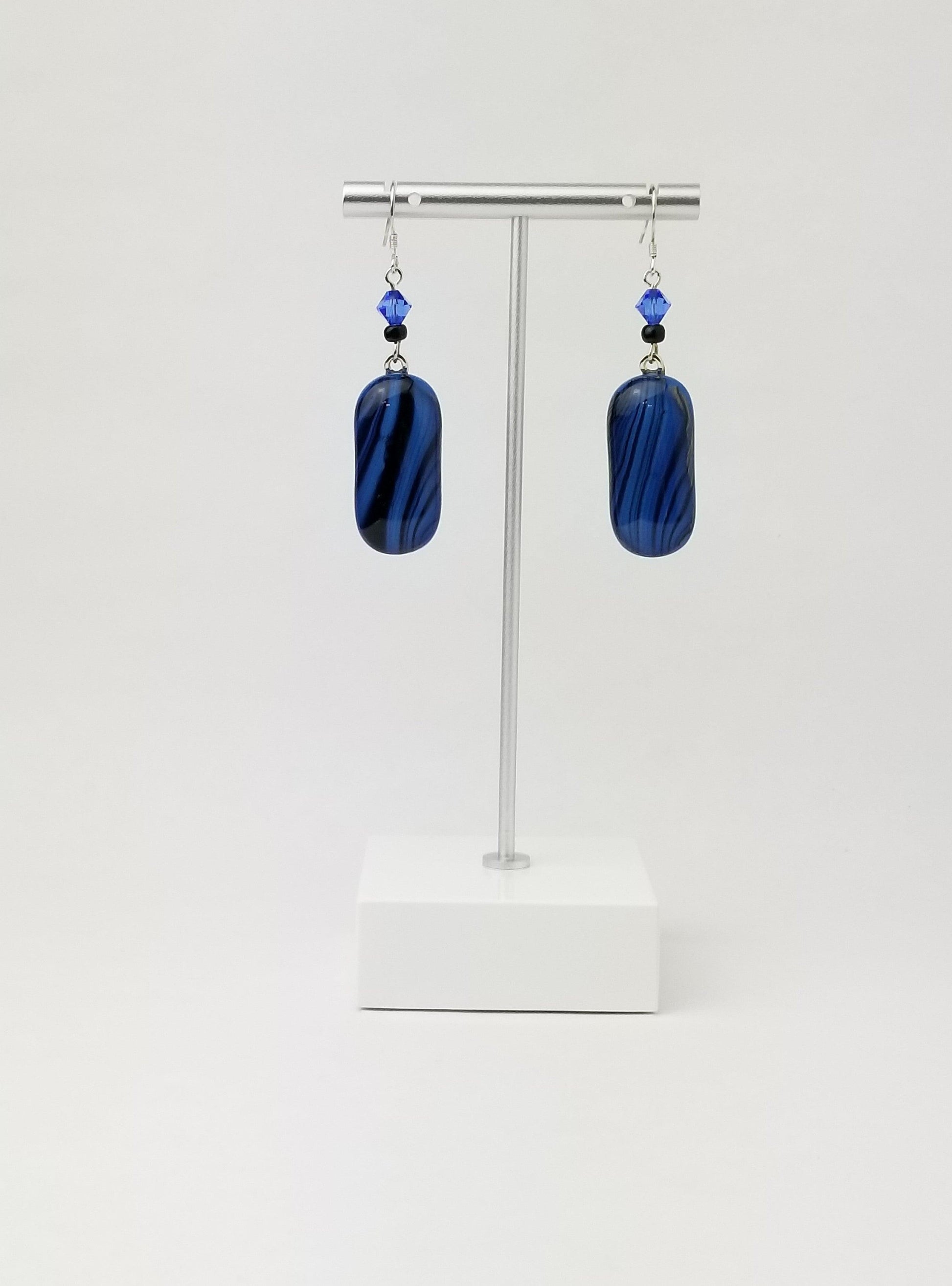Blue and Black swirled fused glass pierced dangle earring with sterling silver ear wires from seeds glassworks