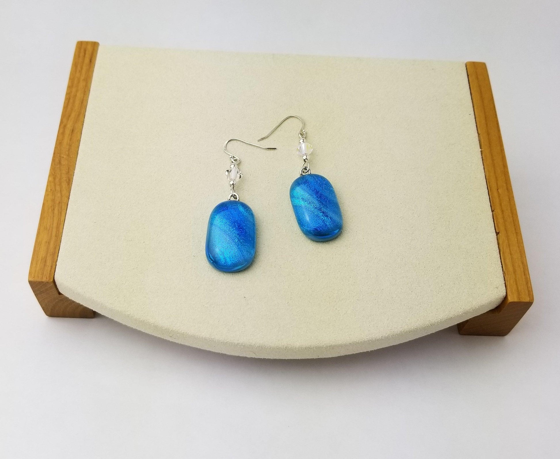 Blue Galaxy sparkle fused glass pierced dangle earrings, silver wire hooks with crystal bead accents