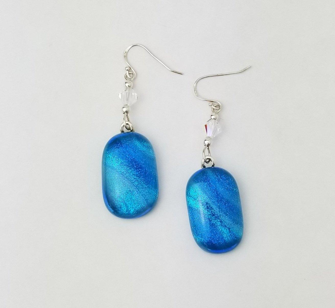Blue Galaxy sparkle fused glass pierced dangle earrings, silver wire hooks with crystal bead accents
