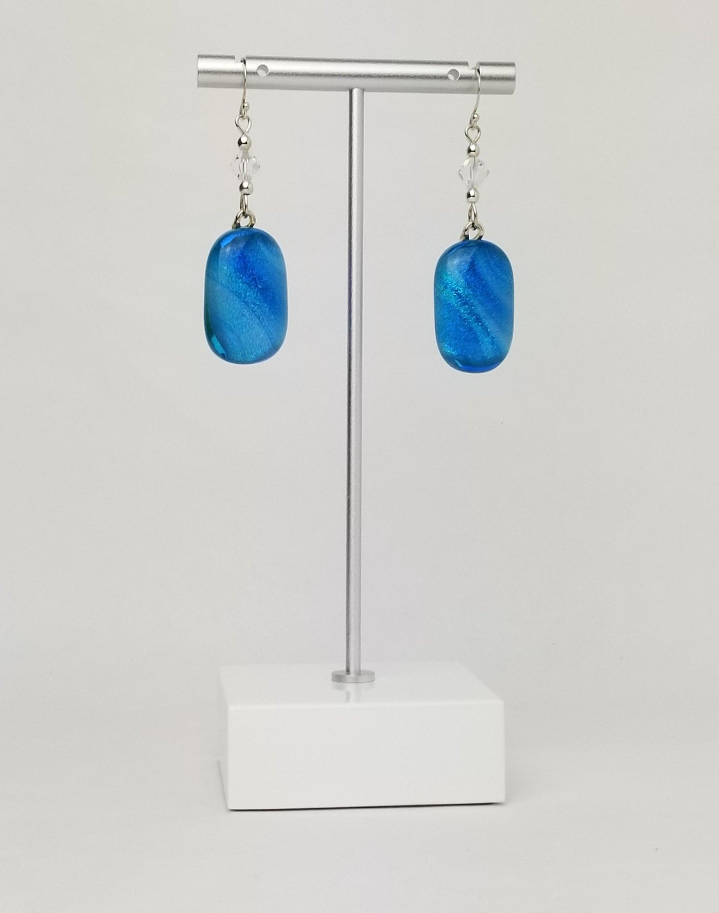 Blue Galaxy sparkle fused glass pierced dangle earrings, silver wire hooks with crystal bead accents