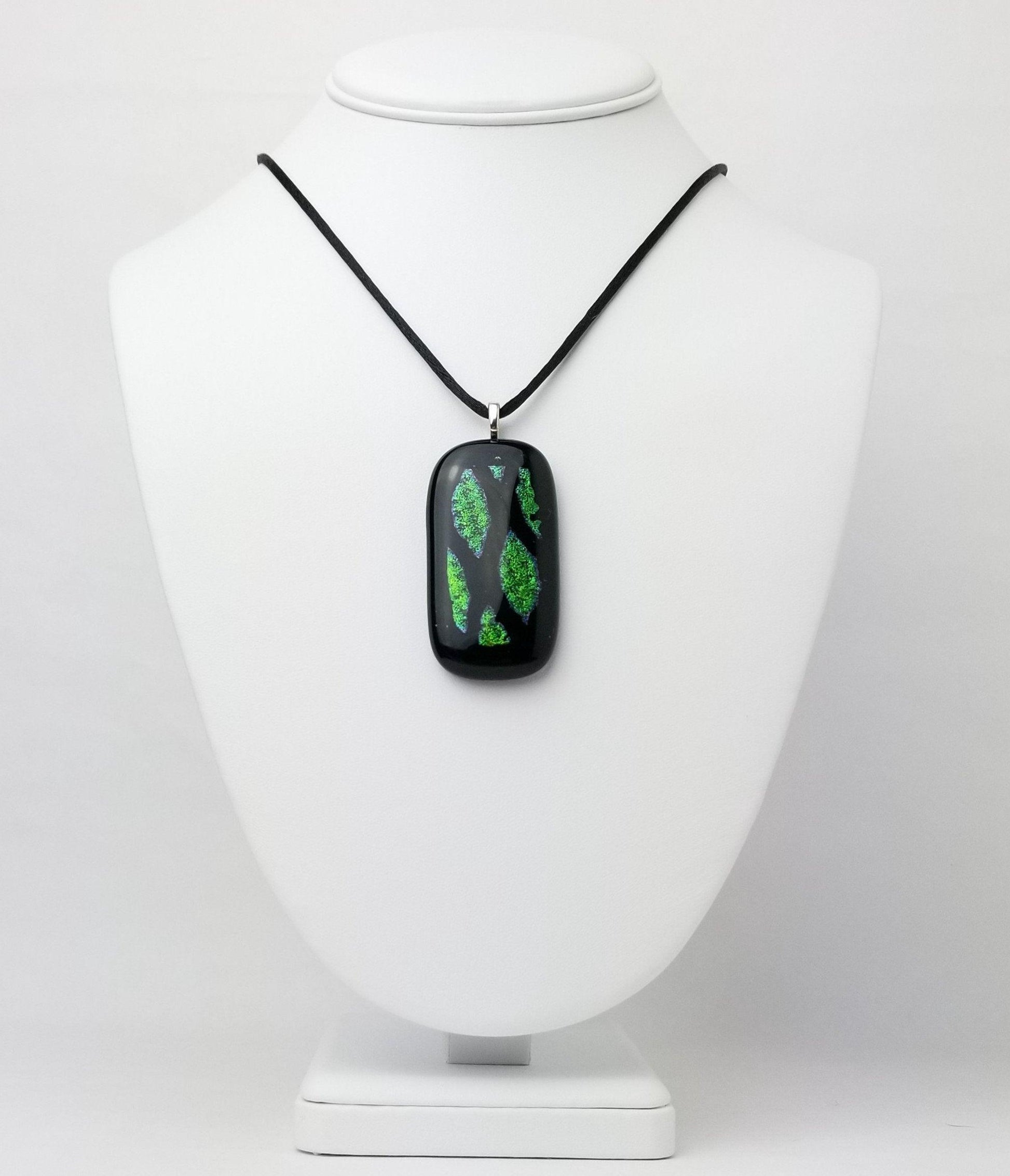 Green and Black Animal print fused glass pendant necklace with 18 inch black cord