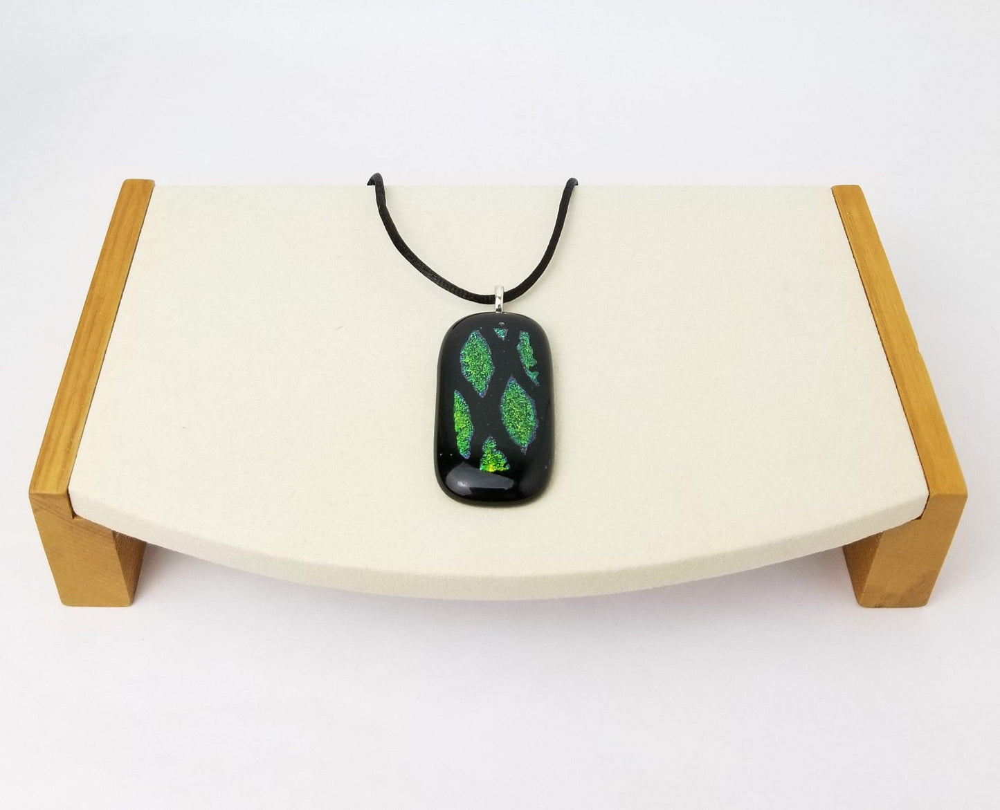 Green and Black Animal print fused glass pendant necklace with 18 inch black cord