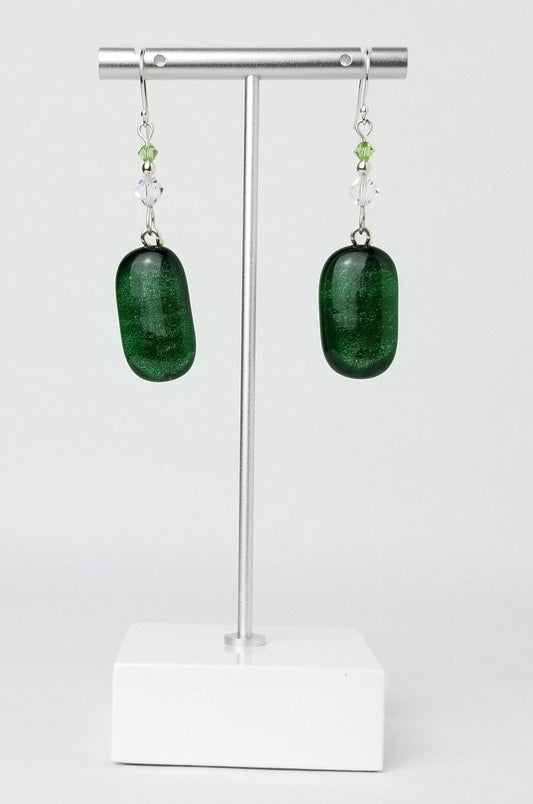 Green sparkle fused glass pierced dangle earrings, silver wire , crystal bead accents