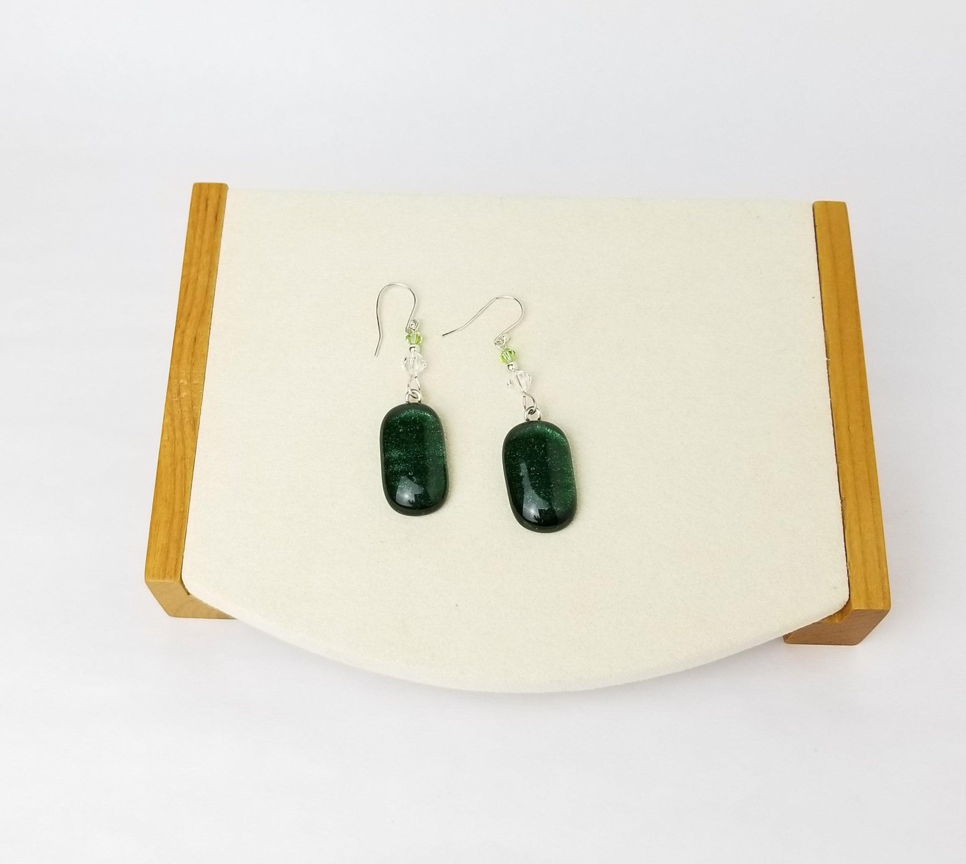 Green sparkle fused glass pierced dangle earrings, silver wire , crystal bead accents