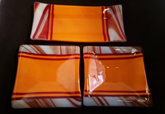 orange and swirls fused glass sushi serving set, incudes (1) 10 inch serving platter and (2) 6 inch plates Seeds Glassworks