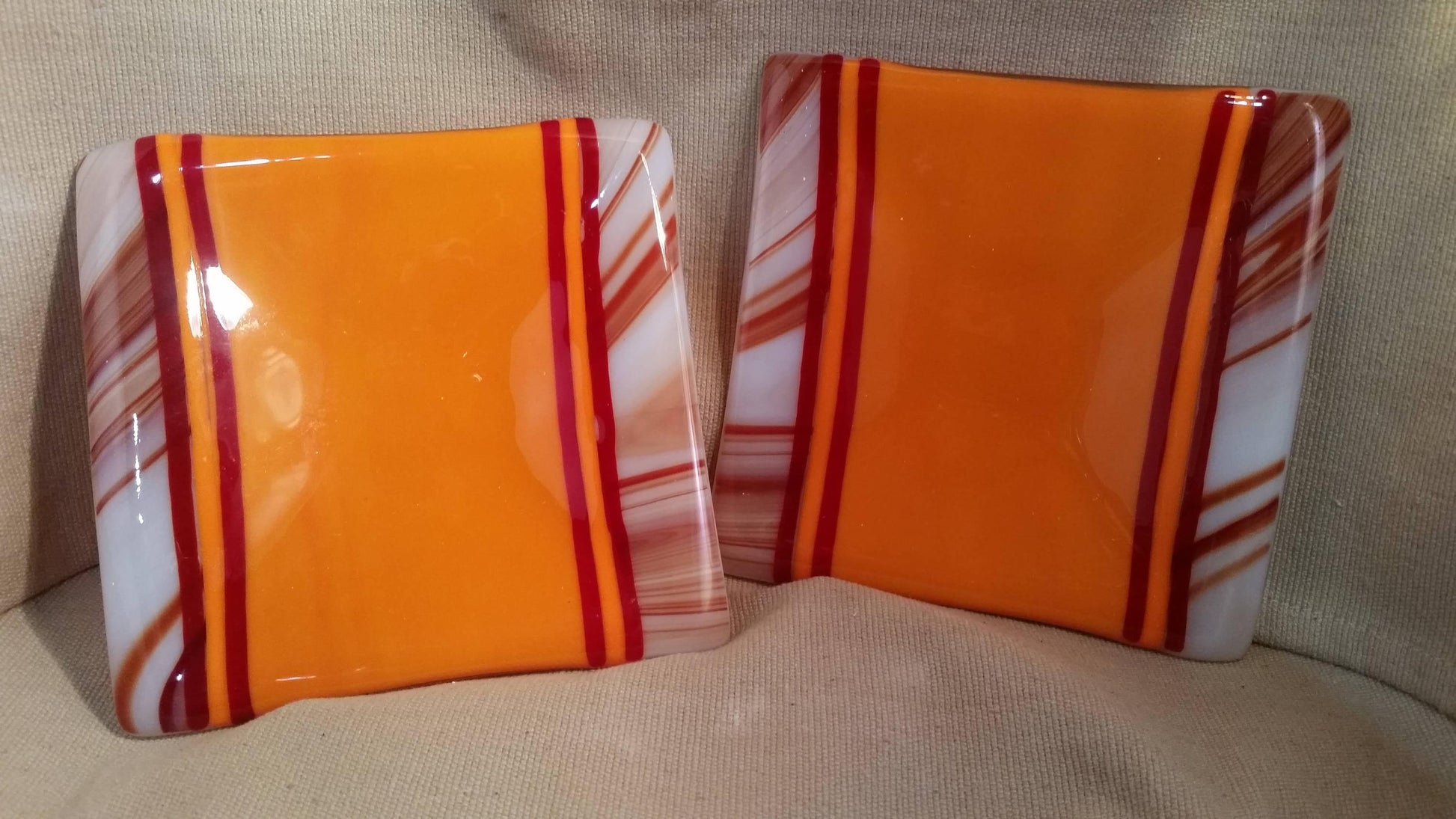 orange and swirls fused glass sushi serving set, incudes (1) 10 inch serving platter and (2) 6 inch plates Seeds Glassworks