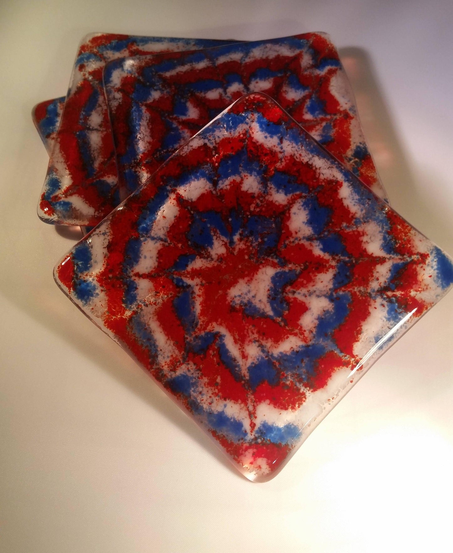 Tie Dye fused glass Coasters, red/white/blue, set of four
