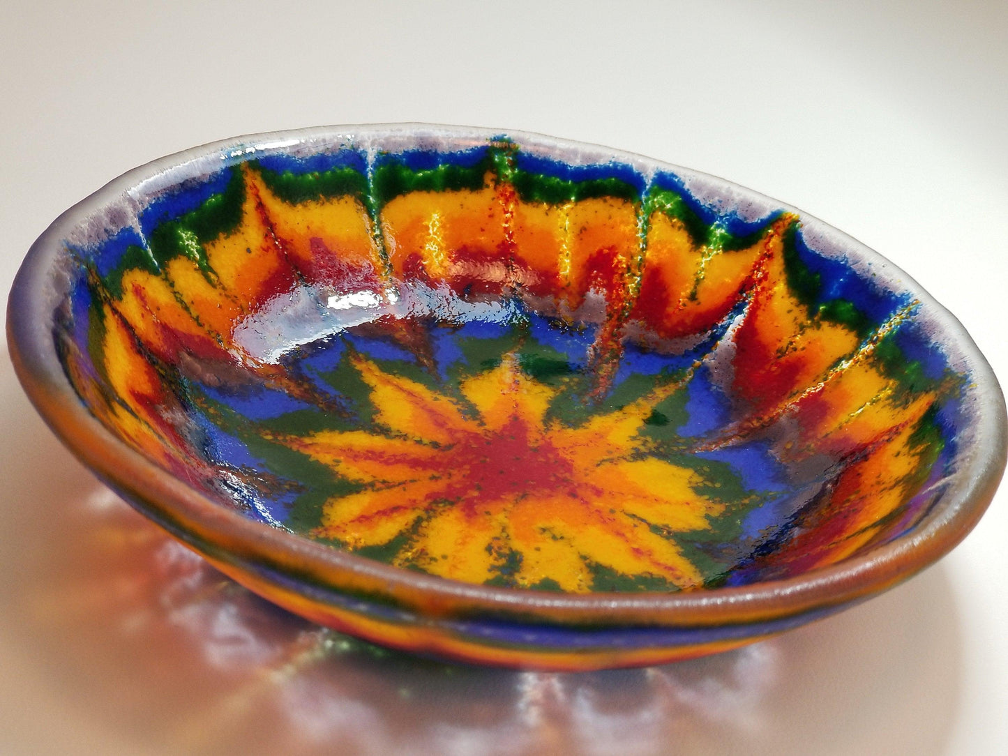 5 inch tie dye look fused glass bowl, vivid rainbow colors