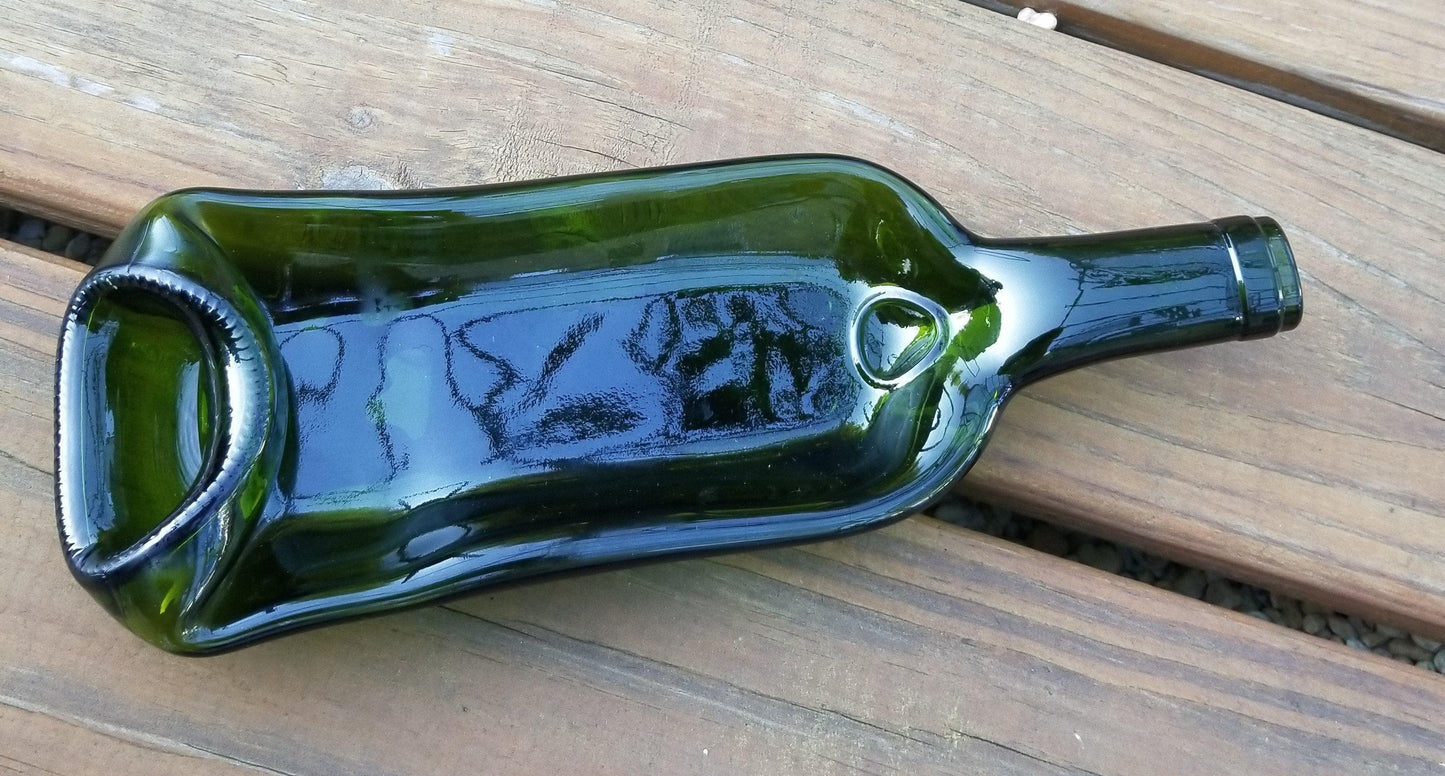 Recycled and upcycled Green slumped wine bottle, deep slump bowl type by Seeds glassworks, Seedsglasworks 